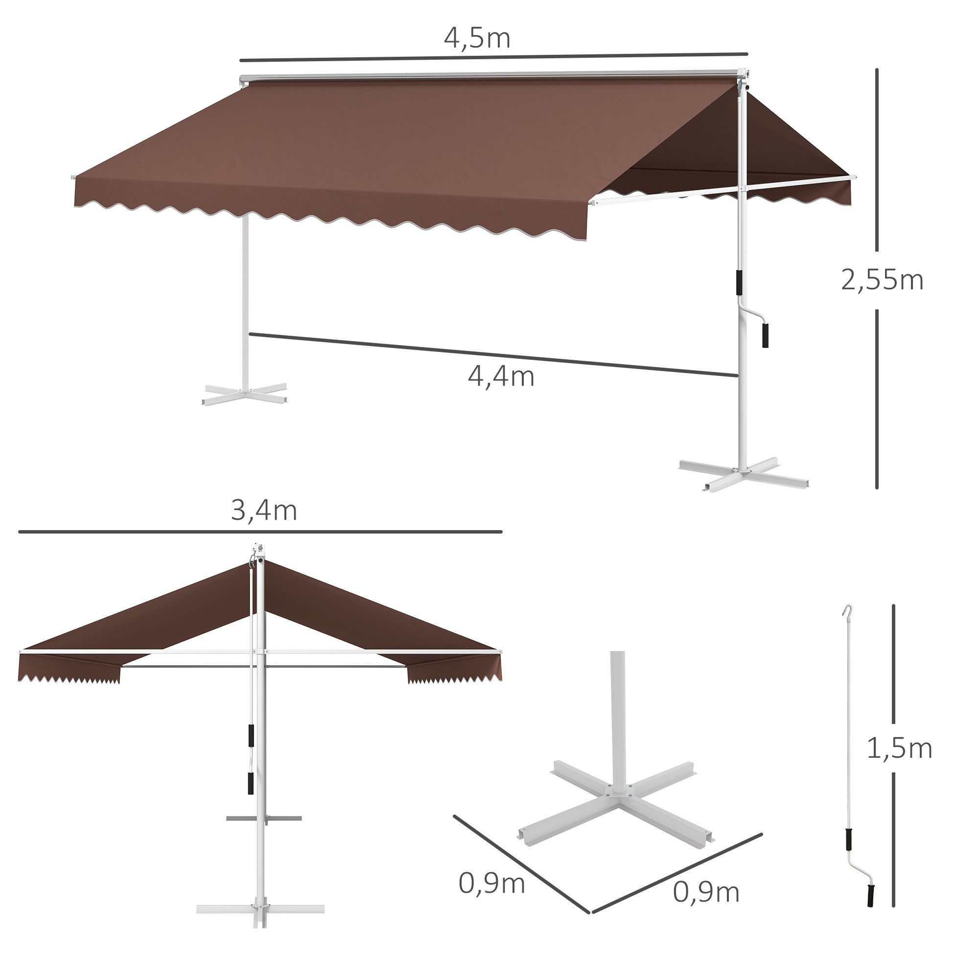 Outsunny Markise 4,5 x 3,4m Standmarkise mit Handkurbel, Ausziehbar (Gartenmarkise, 1-St., Terrassenüberdachung) für Garten, Terrasse, Kaffee