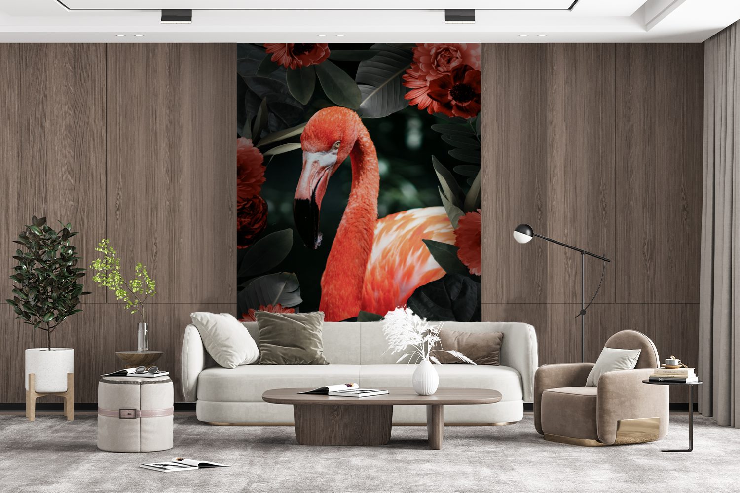 Blume, Vinyl Matt, MuchoWow St), für Wandtapete Wohnzimmer, - (3 Rot bedruckt, - Flamingo Montagefertig Fototapete Tapete