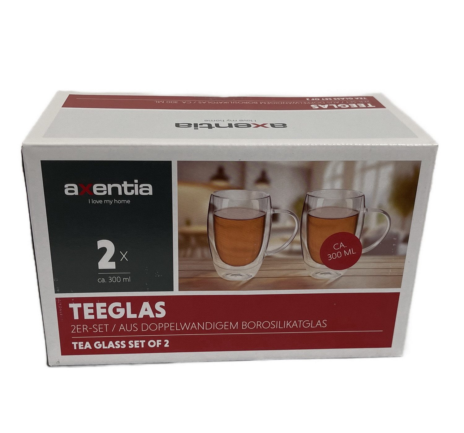axentia Teeglas 2er Set Teegläser mit Hengel Henkelglas Trinkglas Trinkgläser, Borosilikatglas, doppelwandig isoliert, mit optischem Schwebe-Effekt