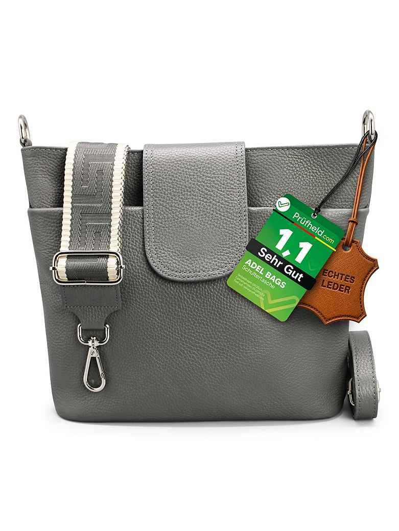 Adel Bags Schultertasche SARA Umhängetasche Damen Dunkelgrau aus Echtleder Crossbody (Test SEHR GUT, Note 1.1), 20 Farboptionen, Hergestellt in Italien, mit 2 Riemen