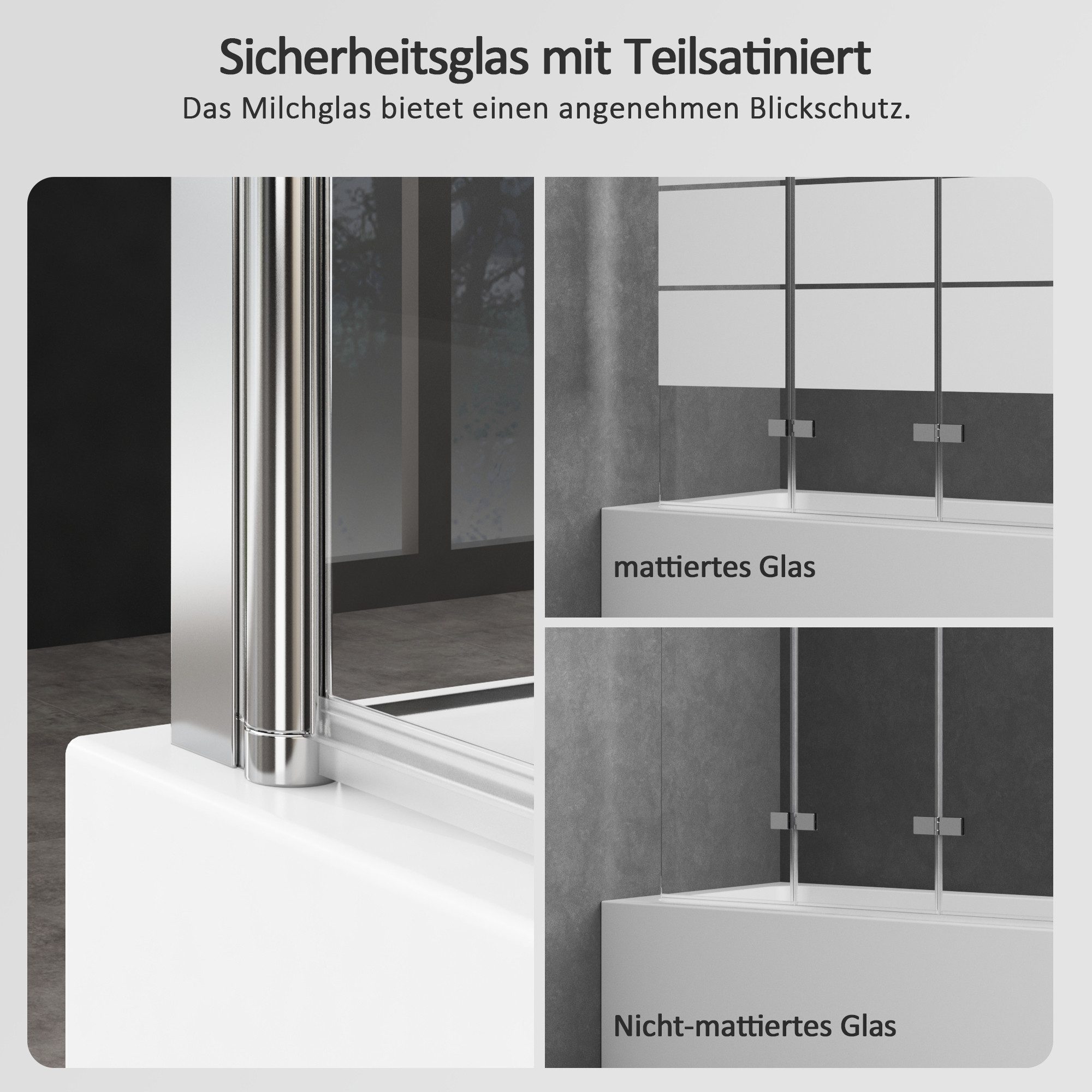 Boromal Badewannenaufsatz Eck mit seitenwand 70cm 75cm 80cm Badewannenfaltwand 3teilig Milchglas, 6mm Sicherheitsglas, (Duschtrennwand mit Handtuchhalter, Halte – Bild 4 von 5