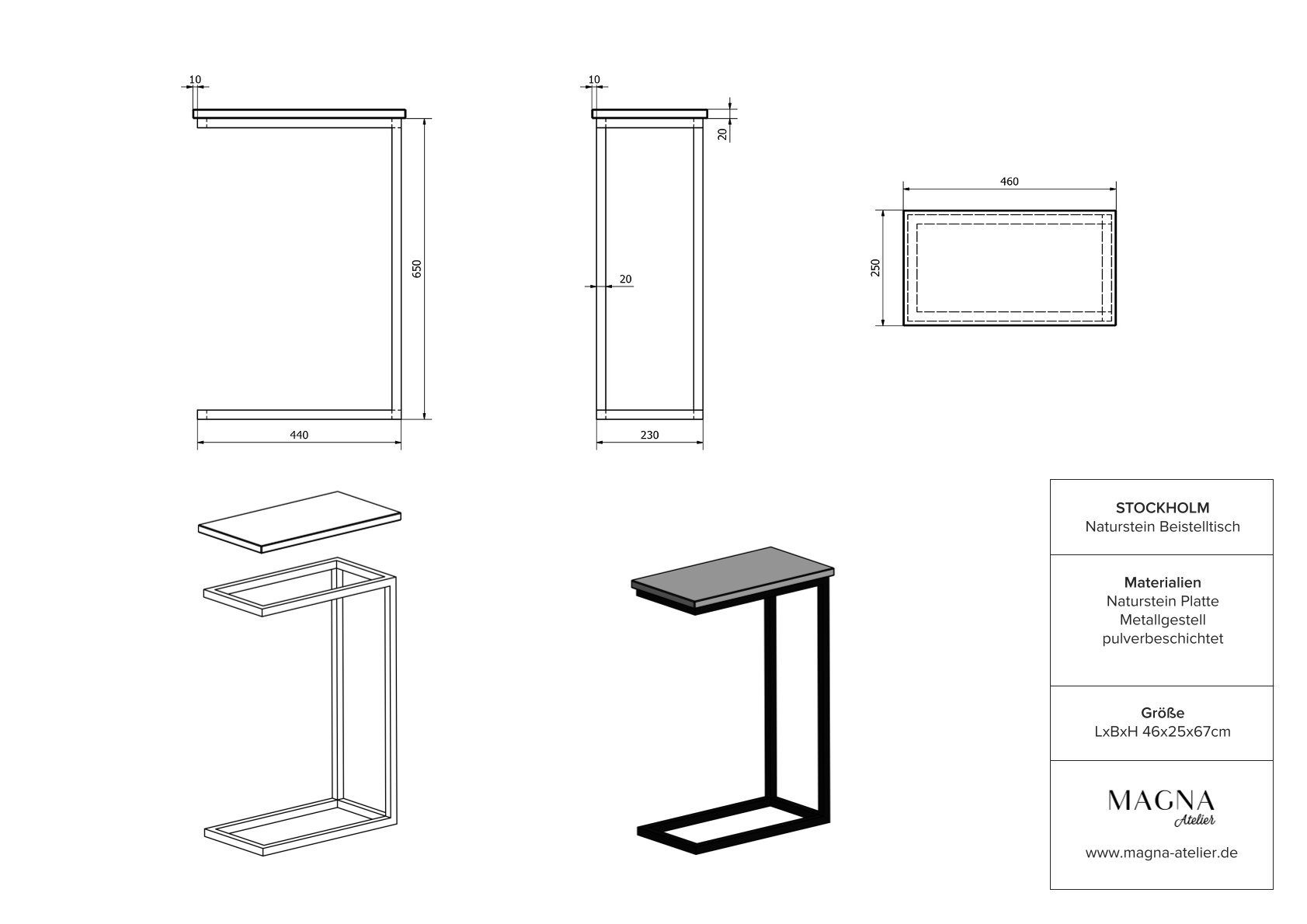 Tisch 40x30x68cm Atelier Couchtisch mit MARMOR, Laptoptisch, STOCKHOLM eckig, Venom Metallgestell, MAGNA schwarz ECHTEM Wohnzimmer