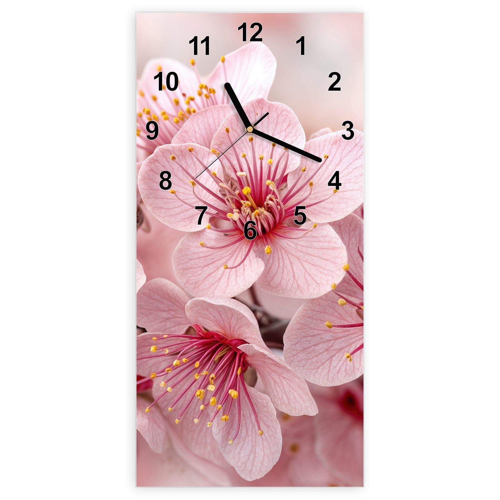 Wanduhr Glasuhr Wandkunst Größe 30 x 60 cm mit Motiv Kirschblütenzweig