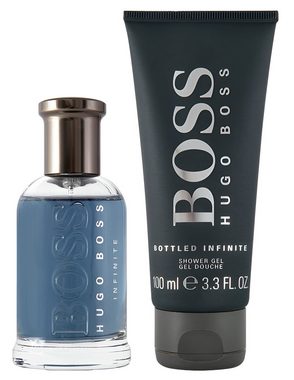 HUGO Eau de Parfum Hugo BOSS Bottled Infinite 50 ml + Duschgel 100 ml Kulturbeutel, 4-tlg., Geschenk Verpackung exklusives Design, Kosmetiktasche, Handtasche