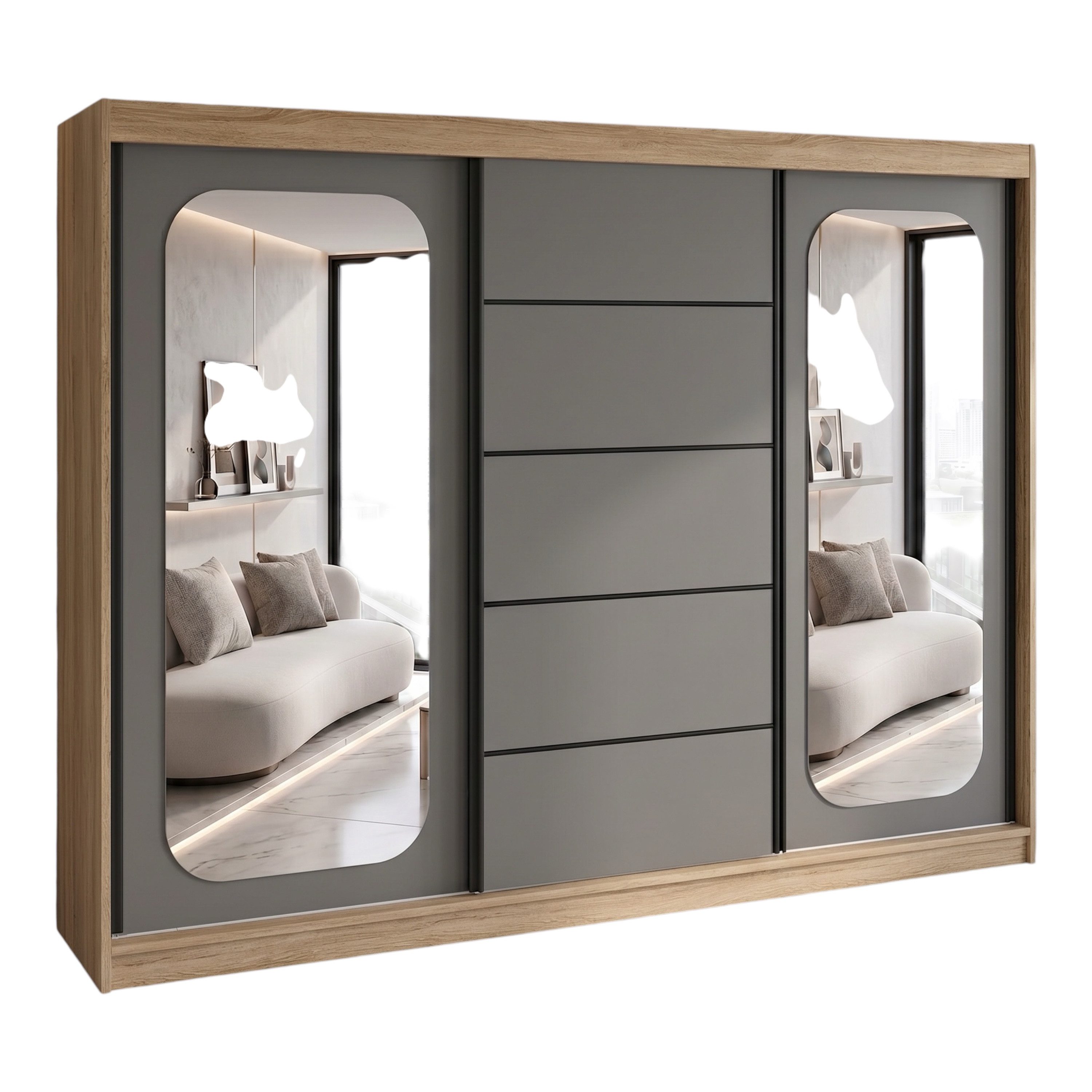 A&J MöbelLand GmbH Schiebetürenschrank BELANO – Moderner Kleiderschrank mit Schiebetüren (Die perfekte Kombination aus modernem Design, hoher Funktionalität und großzügigem Stauraum für Kleidung, Bettwäsche und Accessoires, erhältlich in verschiedenen Farben und Innenaufteilungen., Breite: 200 cm, Höhe: 215 cm, Tiefe: 59,5 cm) TOP ANGEBOT! Moderner Schwebetürenschrank.