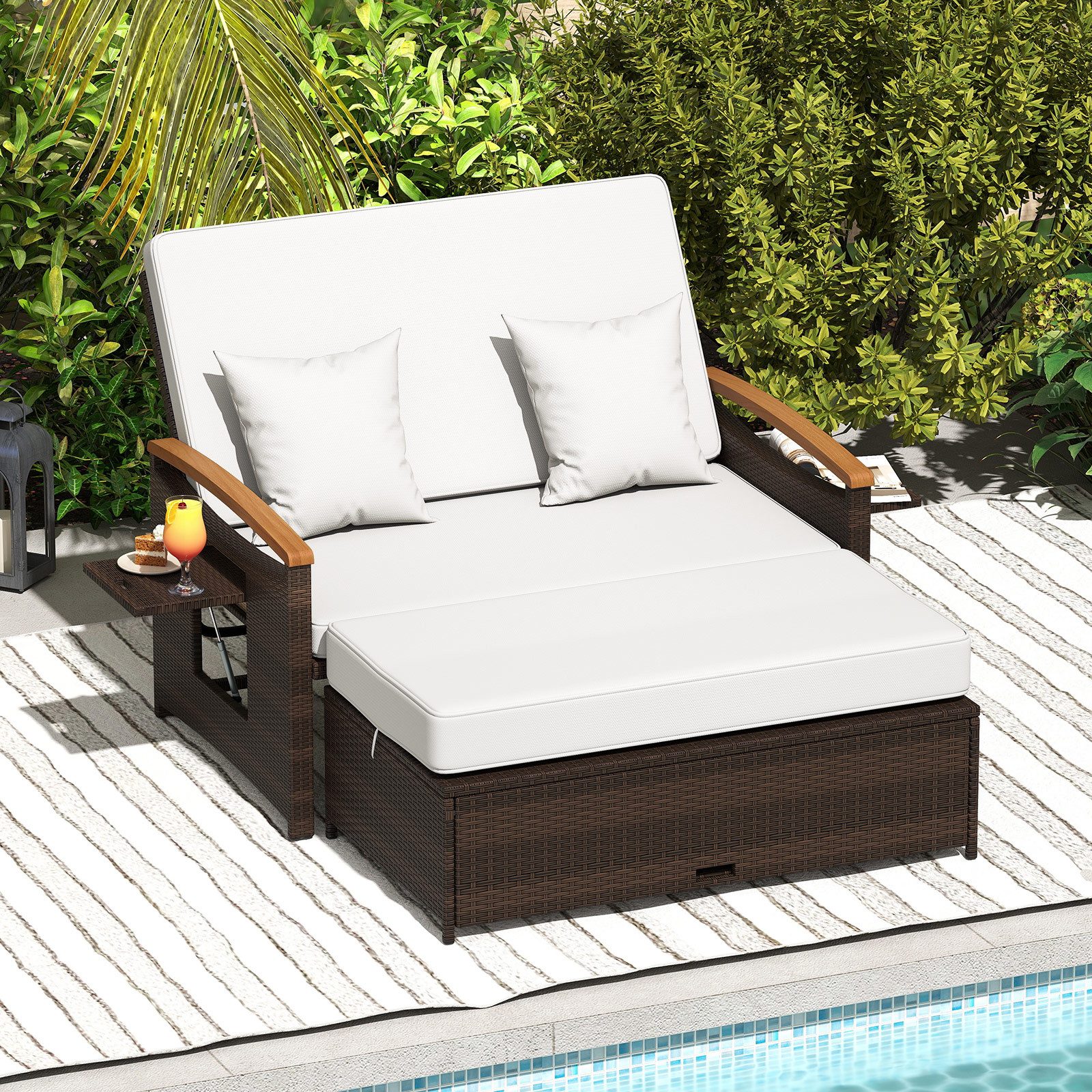 COSTWAY Loungebett, outdoor, Rattan, 2-Personen, Gartenliege mit verstellbarer Rückenlehne
