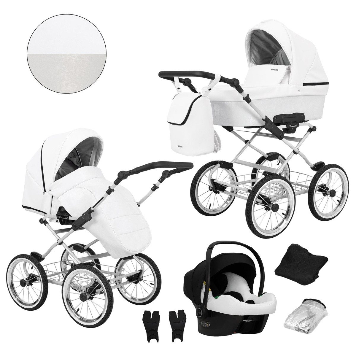 KUNERT Kombi-Kinderwagen Romantic 3-in-1 Öko-Leder Kinderwagen mit Cosmo Autositz, Große Tragewanne, stabiler Stahlrahmen, aufblasbare Räder