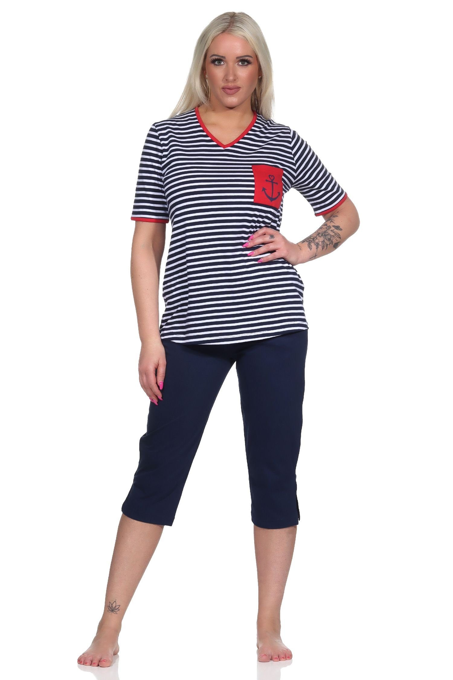 Normann Pyjama Maritimer Damen kurzarm Capri Schlafanzug, Oberteil mit Anker Motiv marine