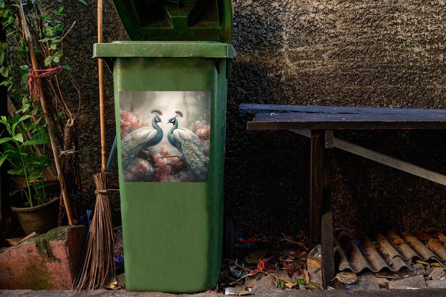 MuchoWow Wandsticker Pfaue Pfauenfedern Container, Abfalbehälter - Sticker, Natur (1 Mülltonne, - - St), Mülleimer-aufkleber, Vögel