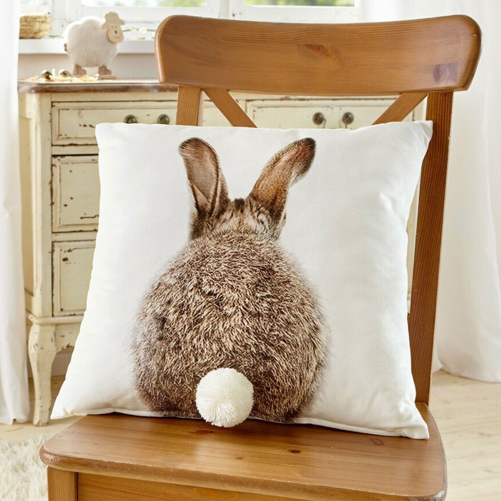 Home-trends24.de Kissenhülle Kissenhülle Hase Pompom Deko Couchkissen Meister Lampe Ostern