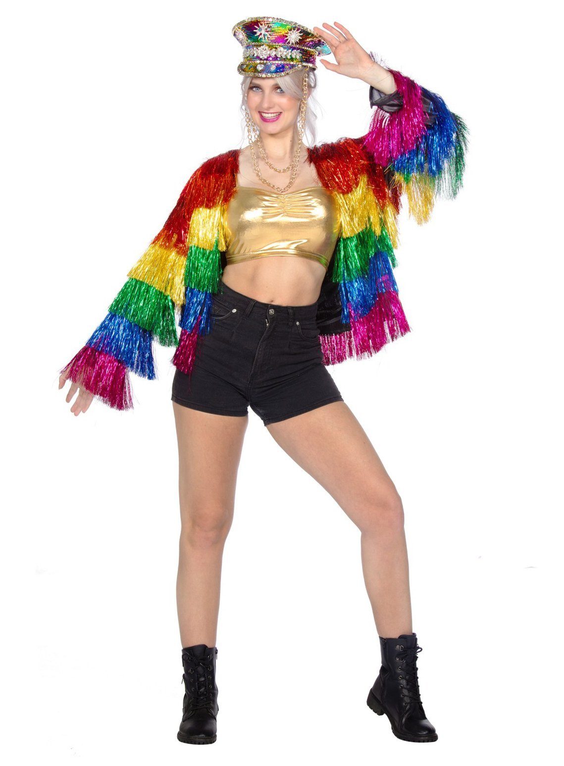 Metamorph Kostüm Glitzer Festivaljacke Regenbogen, Farbenfrohe Fransenjacke mit Lametta-Overload