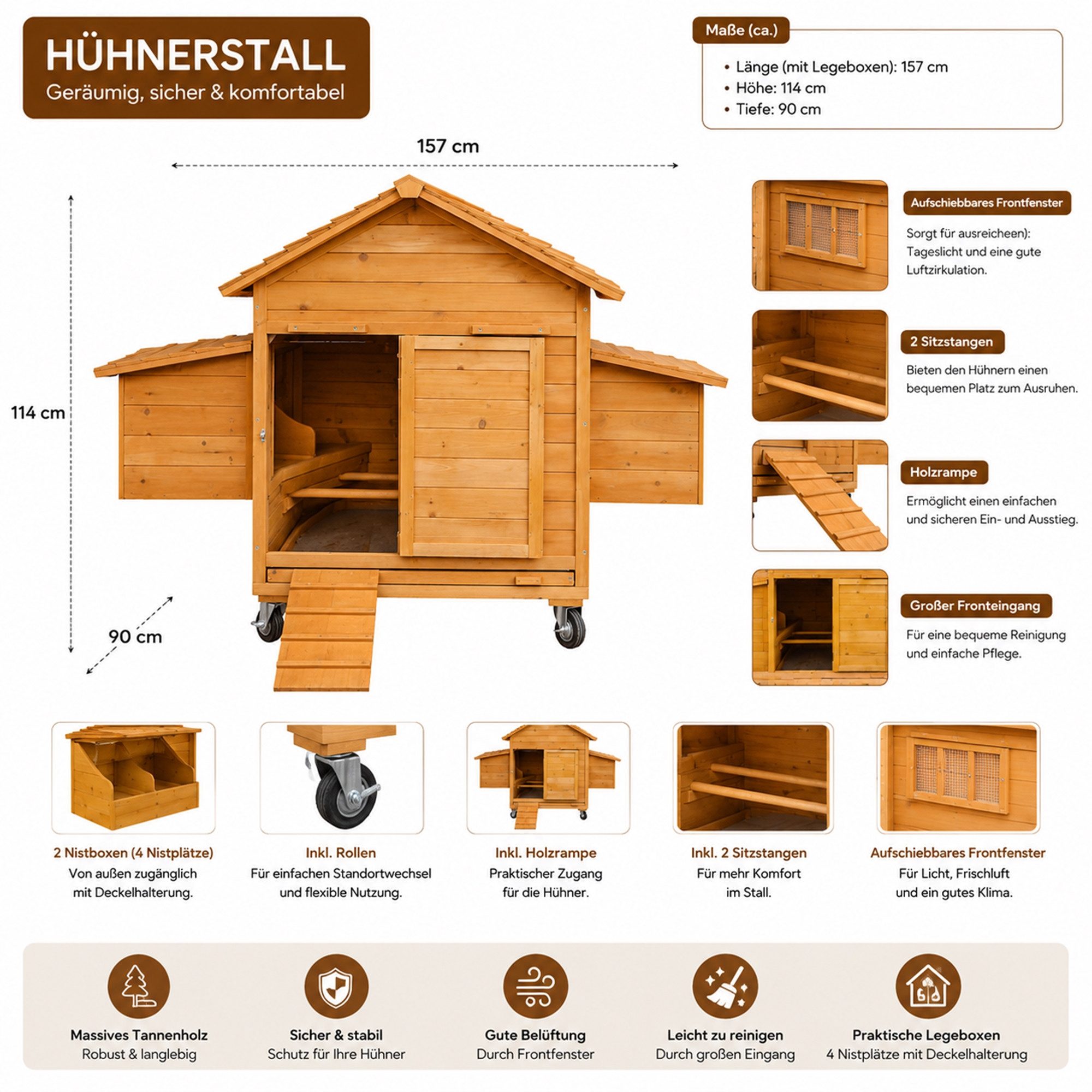 Mucola Hühnerstall Rollbarer Hühnerstall inkl. 2 Nestboxen Rampe Hühnerhaus, Schützt vor Bodennässe und Kälte