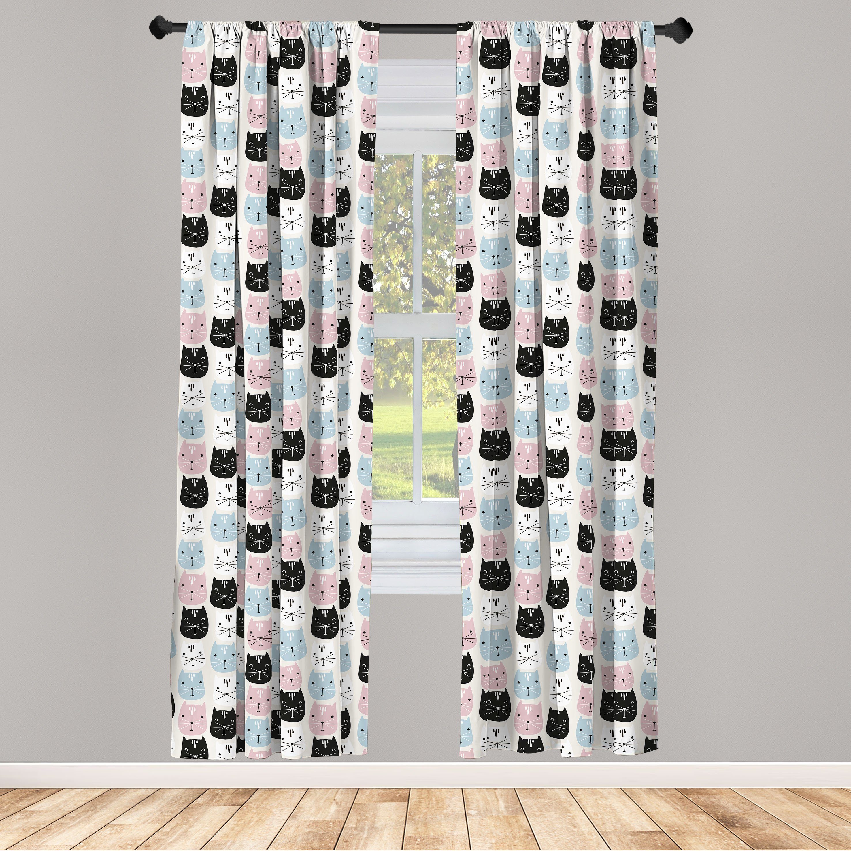 Gardine Vorhang für Wohnzimmer Schlafzimmer Dekor, Abakuhaus, Microfaser, Katze Doodle Stil Kätzchen Muster