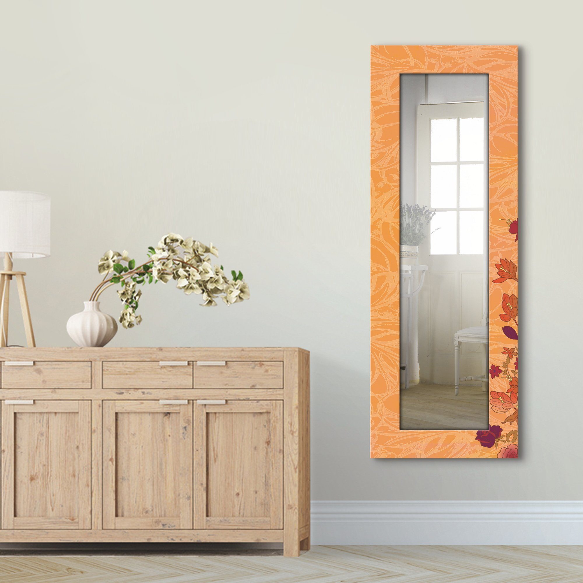 mit Dekospiegel Ganzkörperspiegel, gerahmter orange, Blumen Landhaus Motivrahmen, Wandspiegel, Artland
