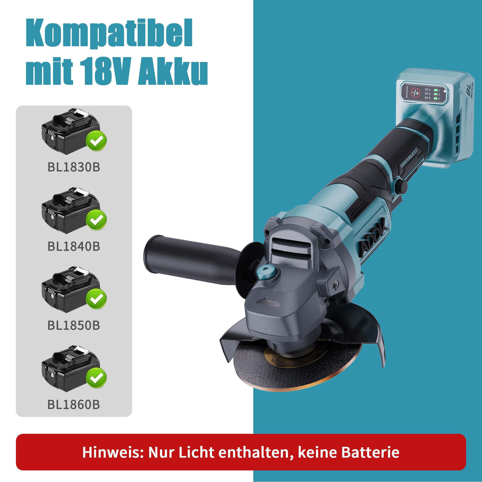ADWOLT Akku-Winkelschleifer 2-Position Handgriff, max. 8500 U/min, Besondere Merkmale,18 V, ohne Akku