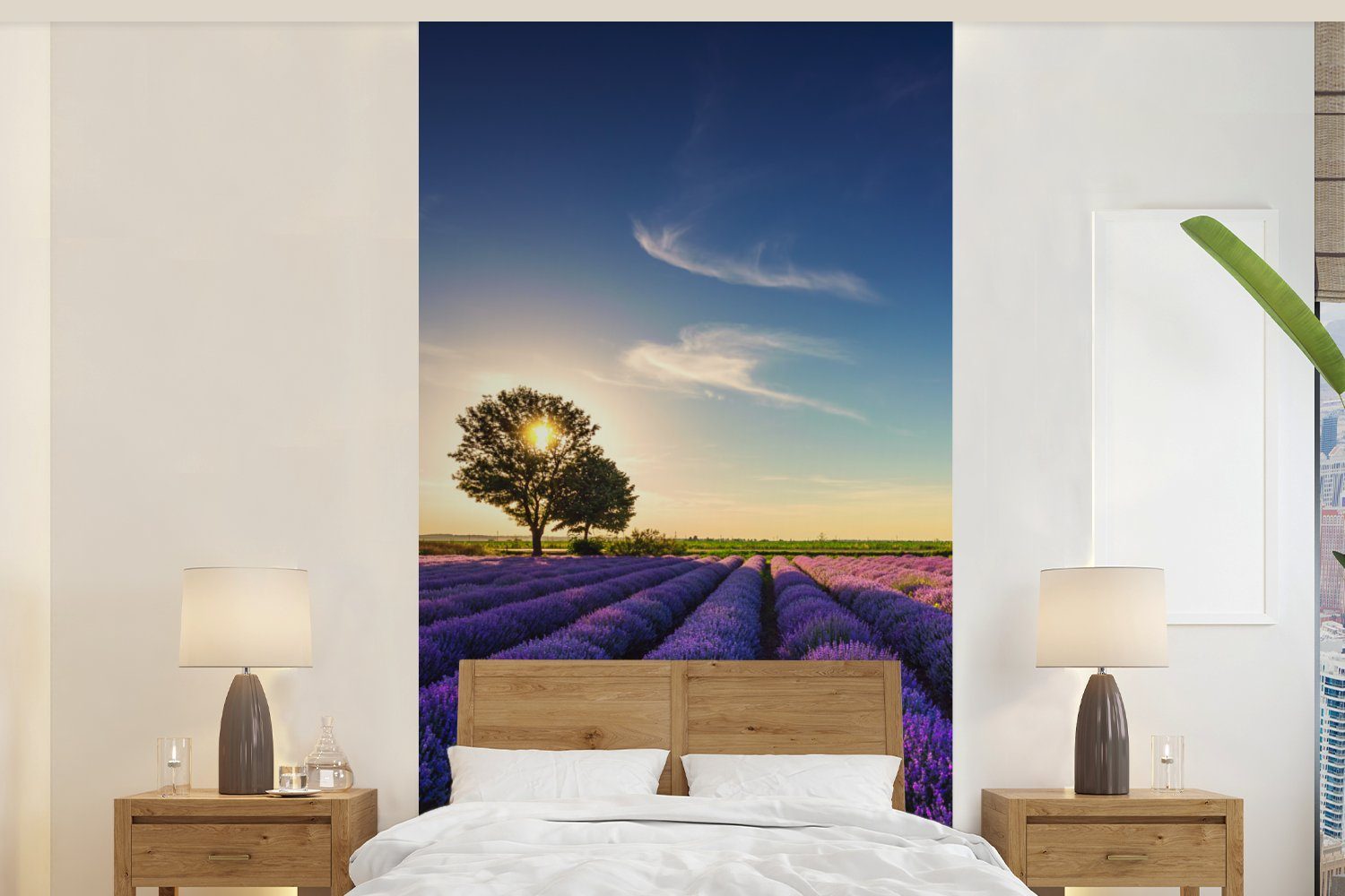 MuchoWow Fototapete Lavendel - Sonne - Baum - Blumen - Lila, Matt, bedruckt, (2 St), Vliestapete für Wohnzimmer Schlafzimmer Küche, Fototapete