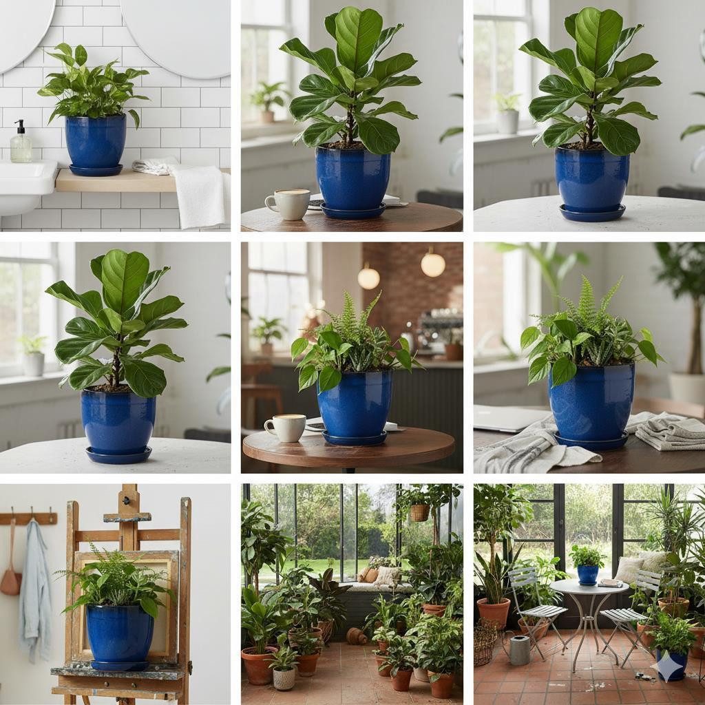 Teramico Pflanzkübel Pflanzgefäß Modell "EggPot" 38cm Keramik in Royal Blau mit Teller, 100% Frostfest