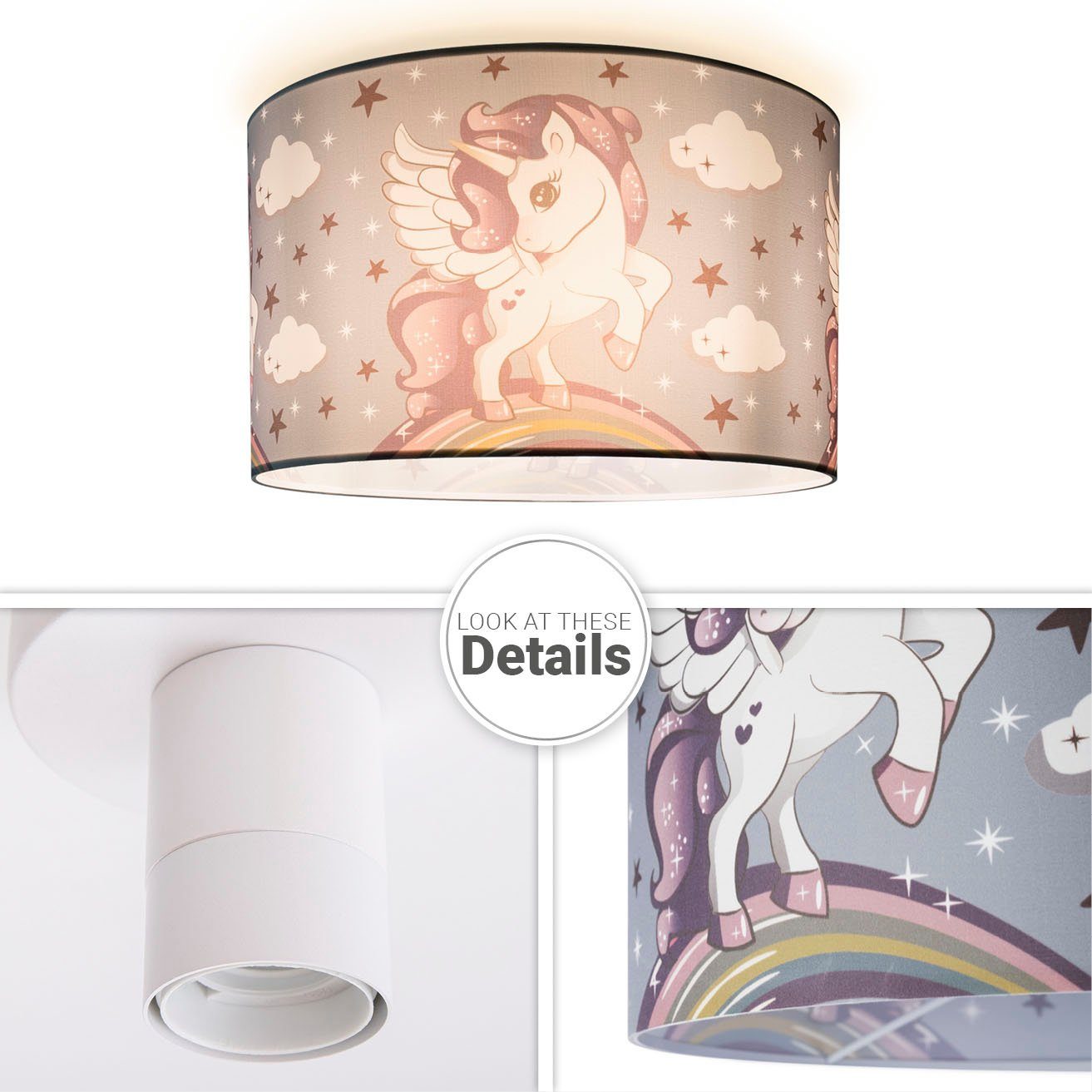 Paco Home Deckenleuchte Hugo Cosmo 213, ohne Leuchtmittel, Kinderlampe LED Kinderzimmer Lampe Mit Einhorn, E27