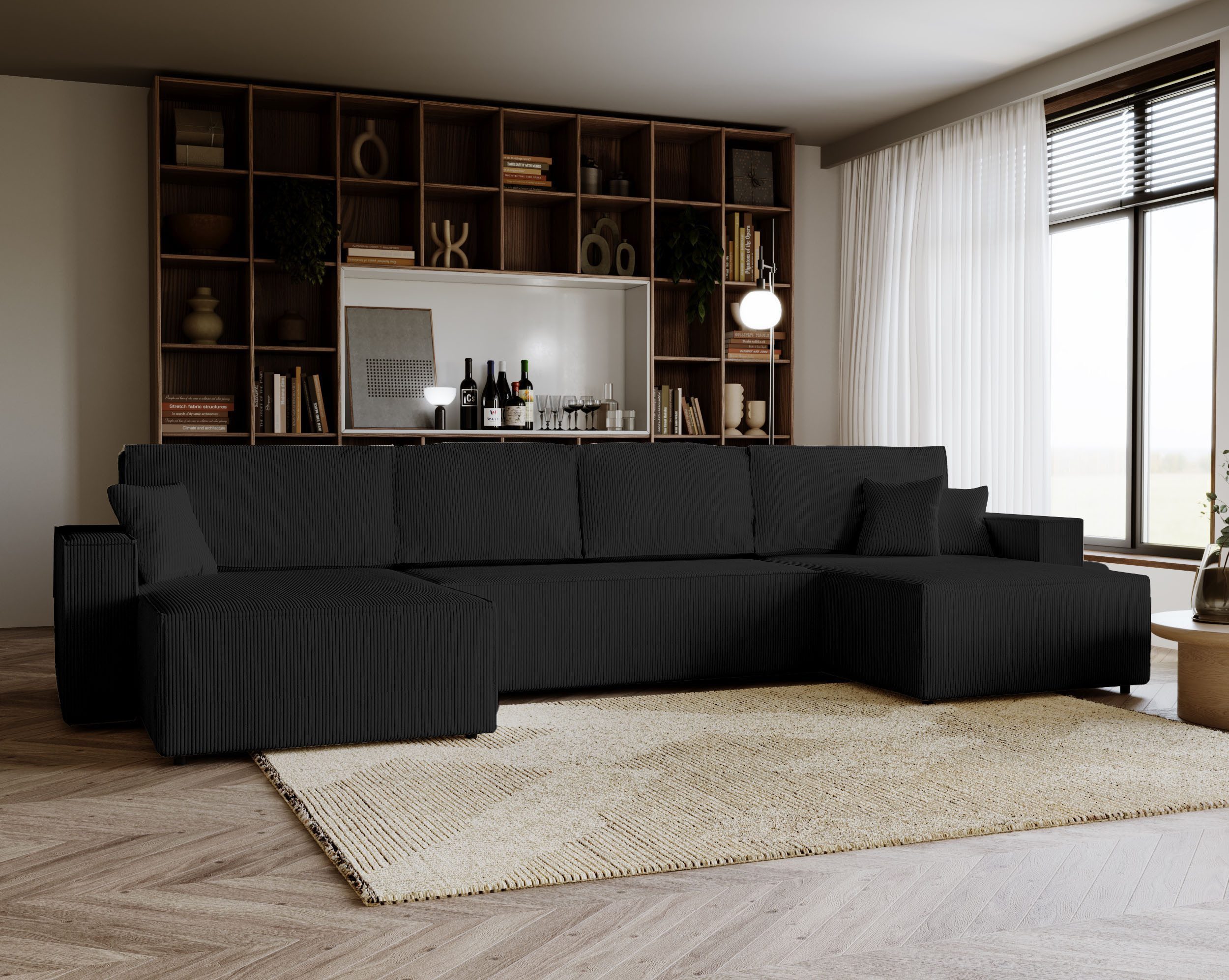 Goldstoff Ecksofa Cordstoff - U-Sofa mit Schlaffunktion und Bettkasten, Amalia Couch mit Cord-Bezug - Schlafsofa mit Liegefläche 330x147 cm - Stauraum - Komfort-Polsterung, Universell stellbar rechts/links