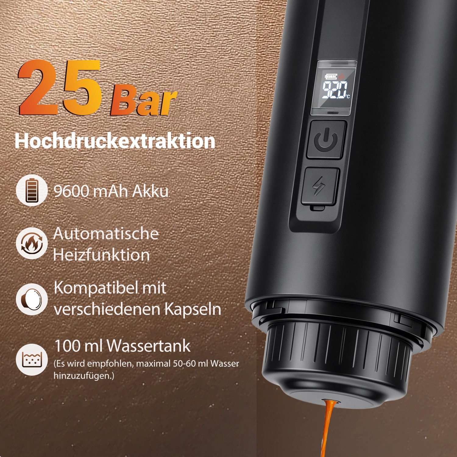 CkeyiN Reisekaffeemaschine Espressomaschine tragbar 25 Bar 80ml Wassertank, 0,325l Kaffeekanne, Korbfilter, für NES Kapseln, Kaffeepulver, Kaffeemaschine unterwegs Büro