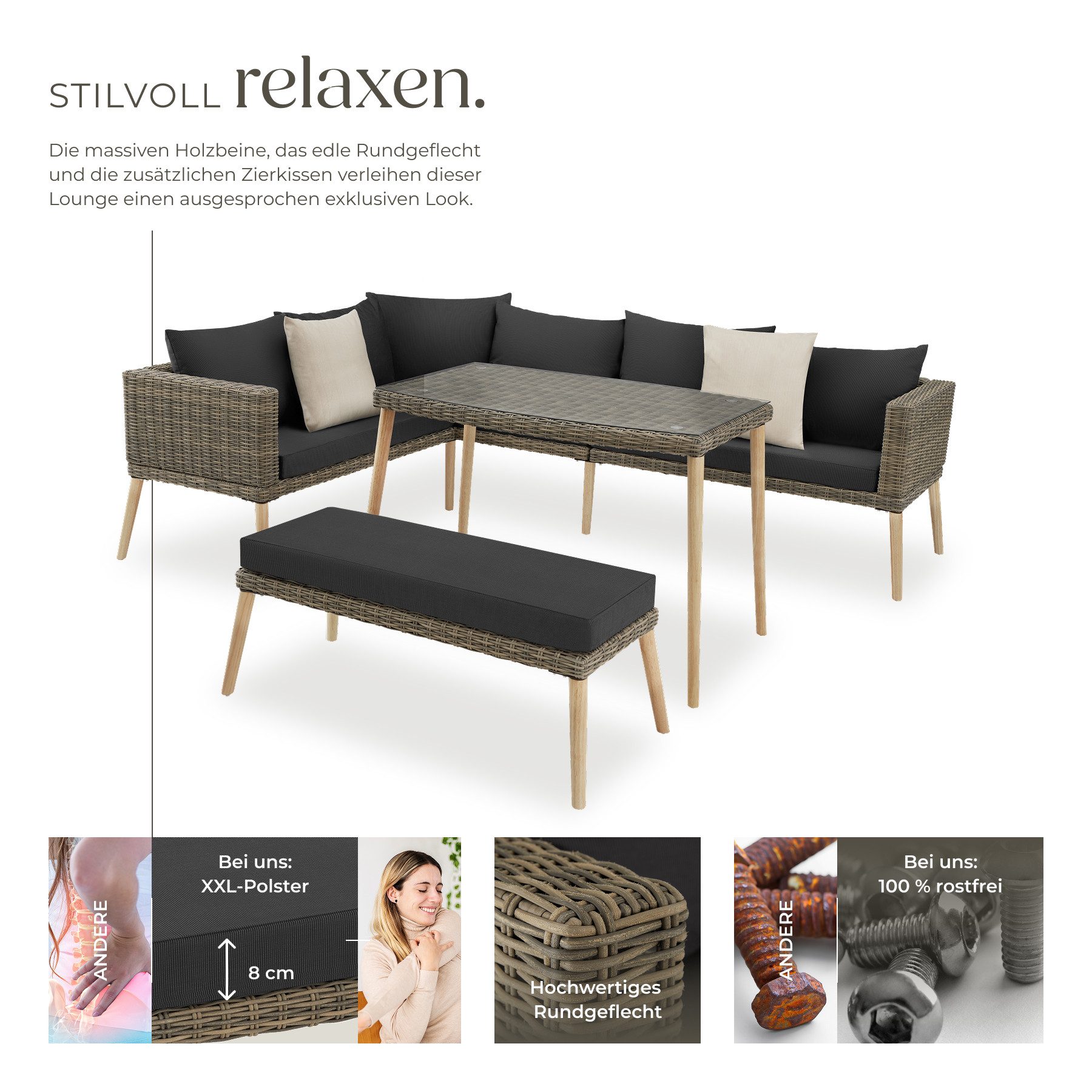 tectake Loungeset Rattan Lounge, (Set., 3-tlg), Stabiles Gestell aus leichtem und rostfreiem Aluminium