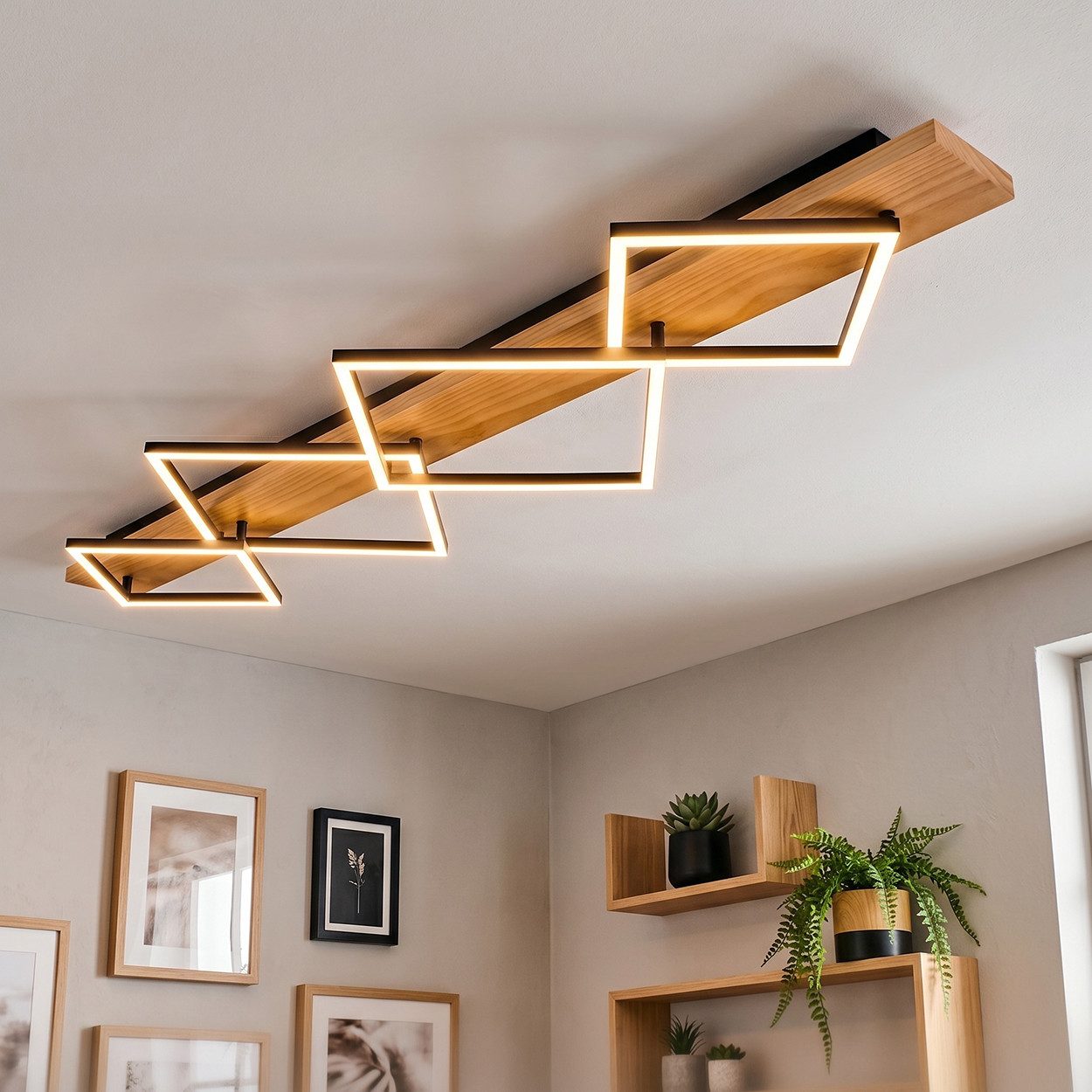 hofstein Deckenleuchte Deckenlampe aus Metall/Holz/Kunststoff in Naturfarben/Schwarz/Weiß, ohne Leuchtmittel, 3000 Kelvin, Leuchte im modernen Design, 56 Watt, 7600 Lumen, 3000 Kelvin