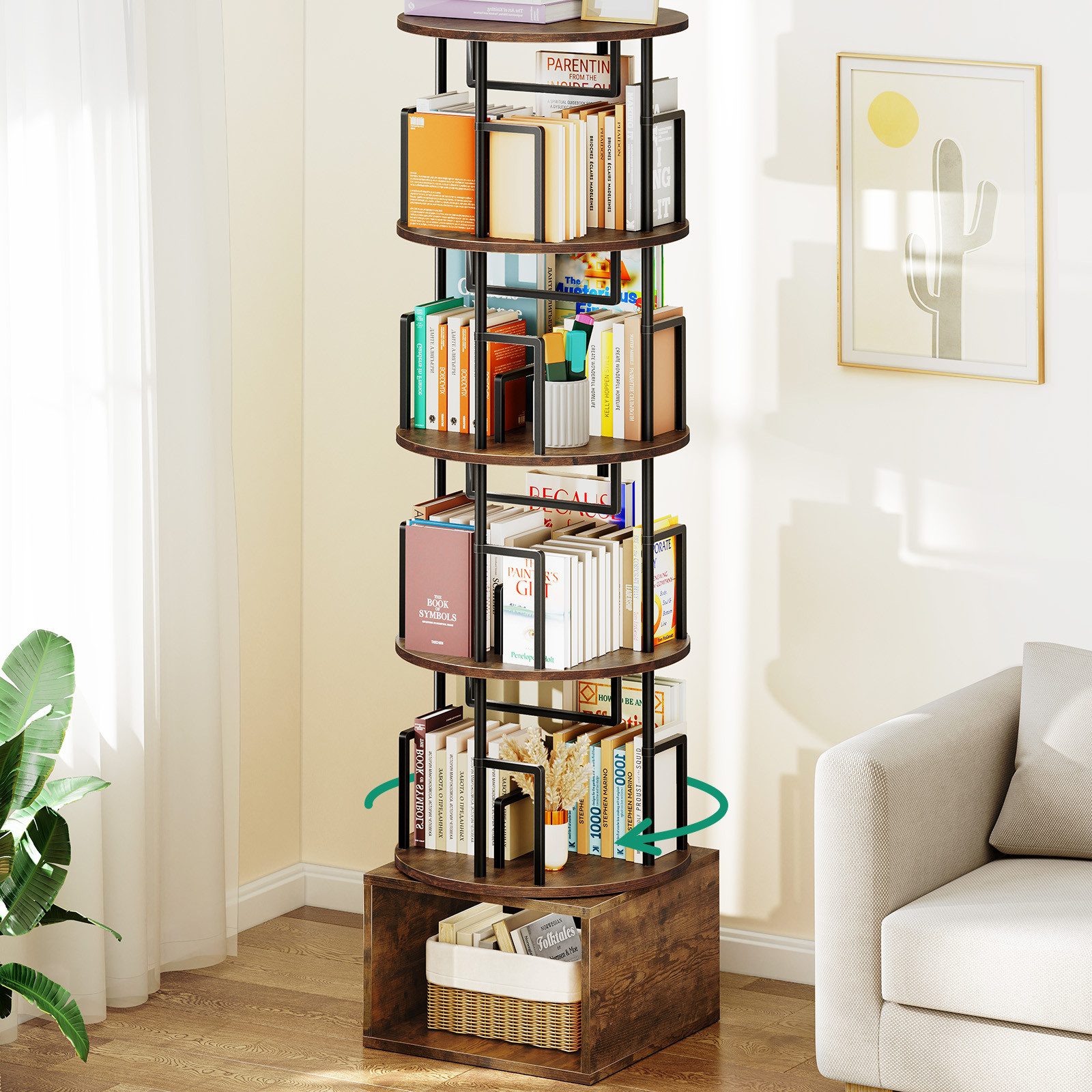 Kalrin Bücherregal 360° Drehbarer Bücherregal 5-Ebenen mit Unterschrank, Platzsparendes Standregal für Wohnzimmer & Schlafzimmer