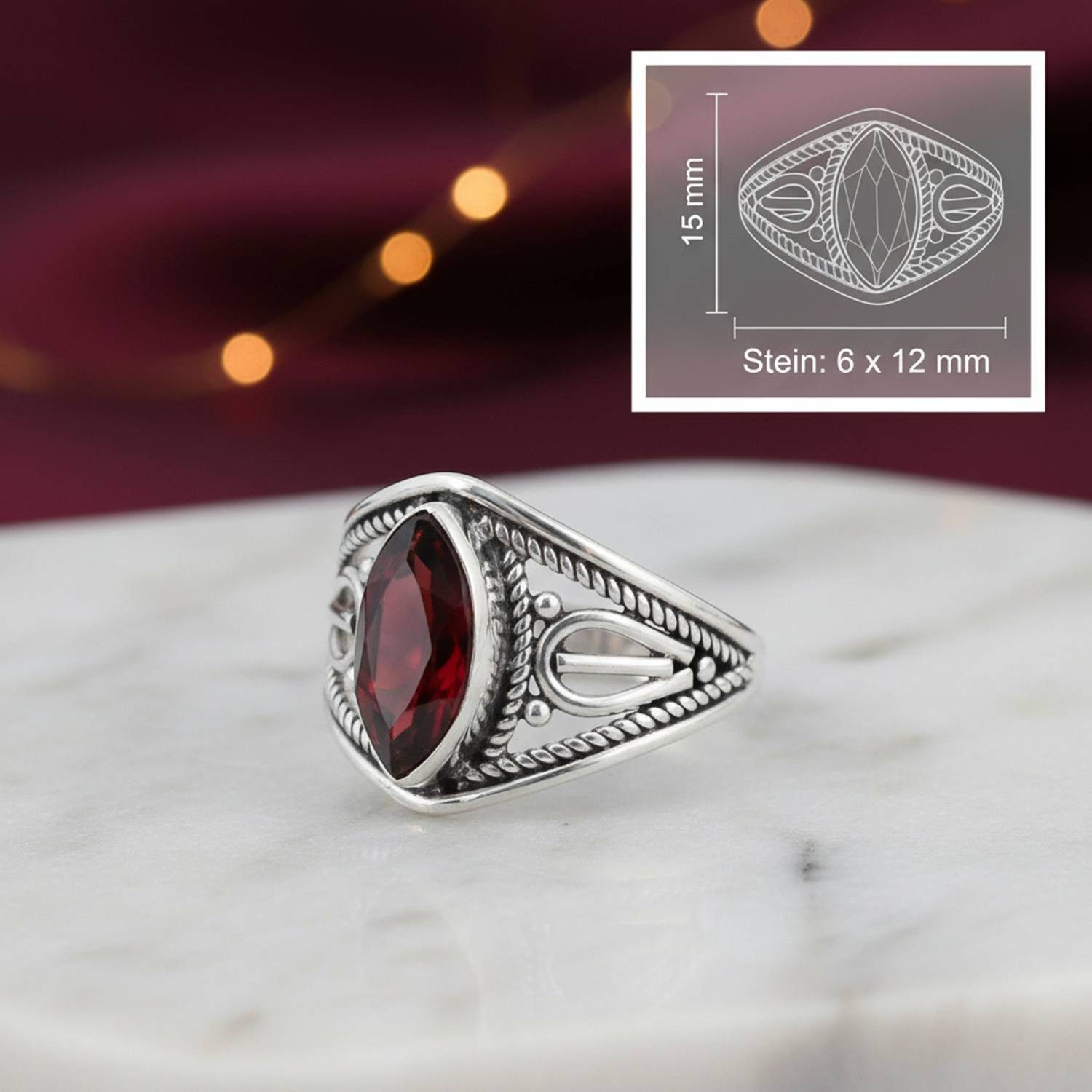 mantraroma Silberring DAHAB Ellipse aus 925 Silber mit Granat facettiert (Ring mit Schmuckbeutel), Damenring aus 925er Silber