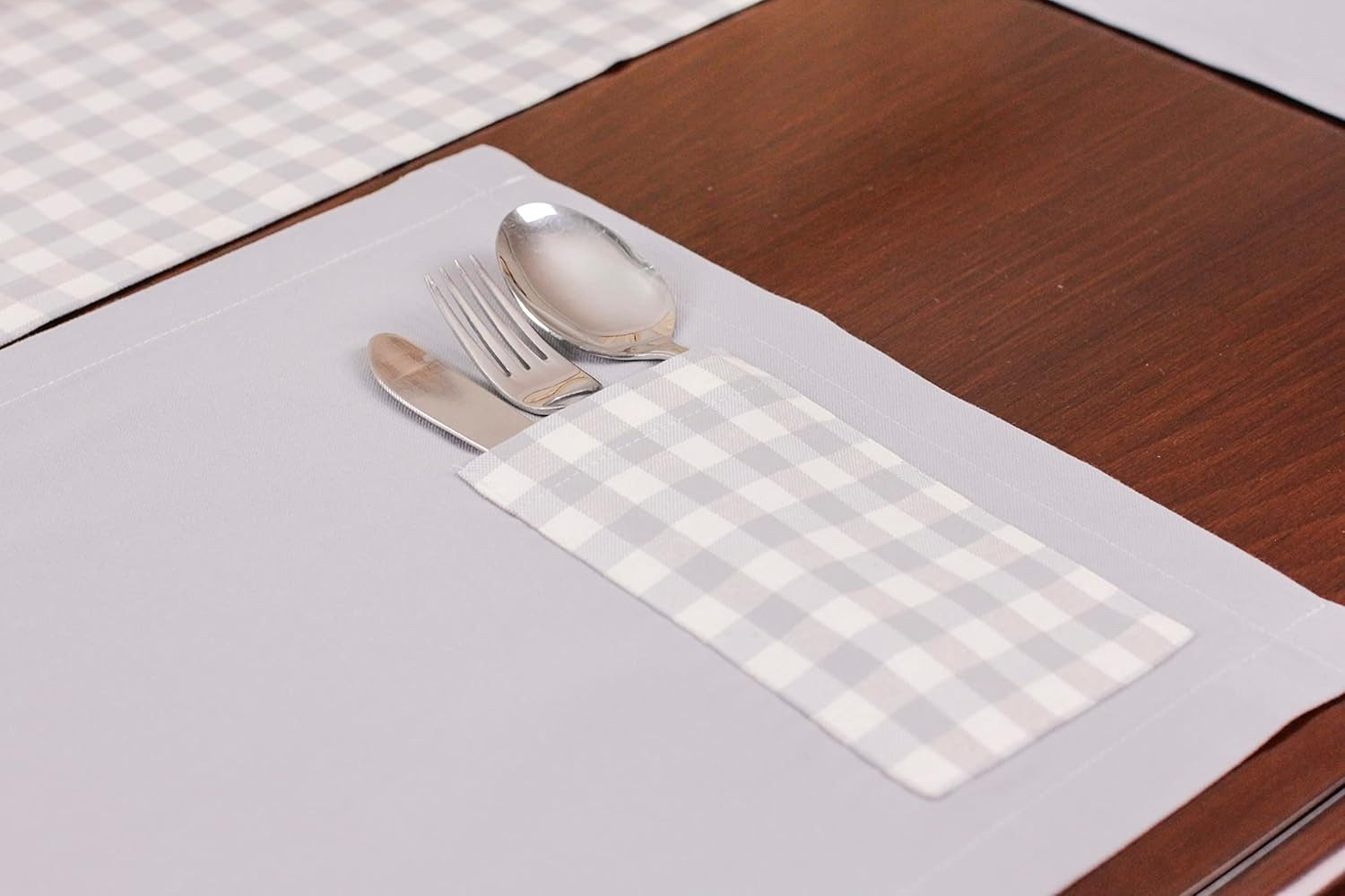 Ekershop Tischläufer und 6 Platz-Matten Set Tischset Platzset Platzdecken Grau Kariert (Kariert)