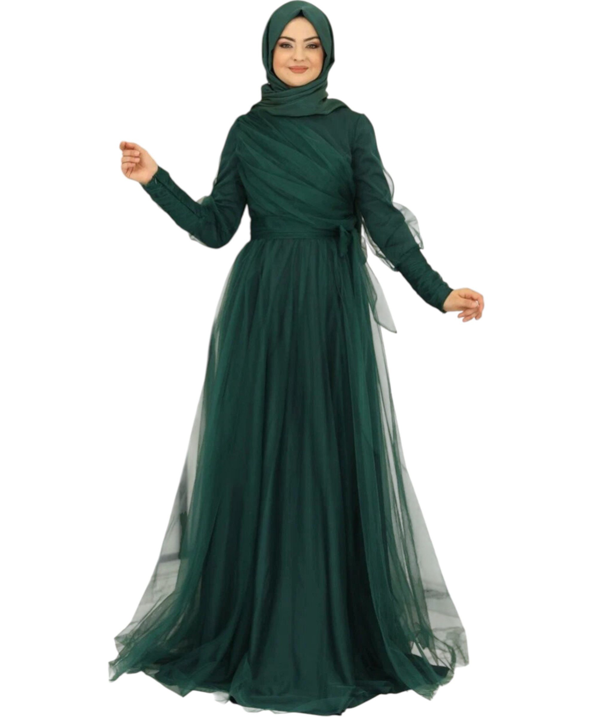 Modavitrini Tüllkleid Maxikleid langarm Abendkleid festlich elegant mit Gürtel bodenlang gefüttert, blickdicht