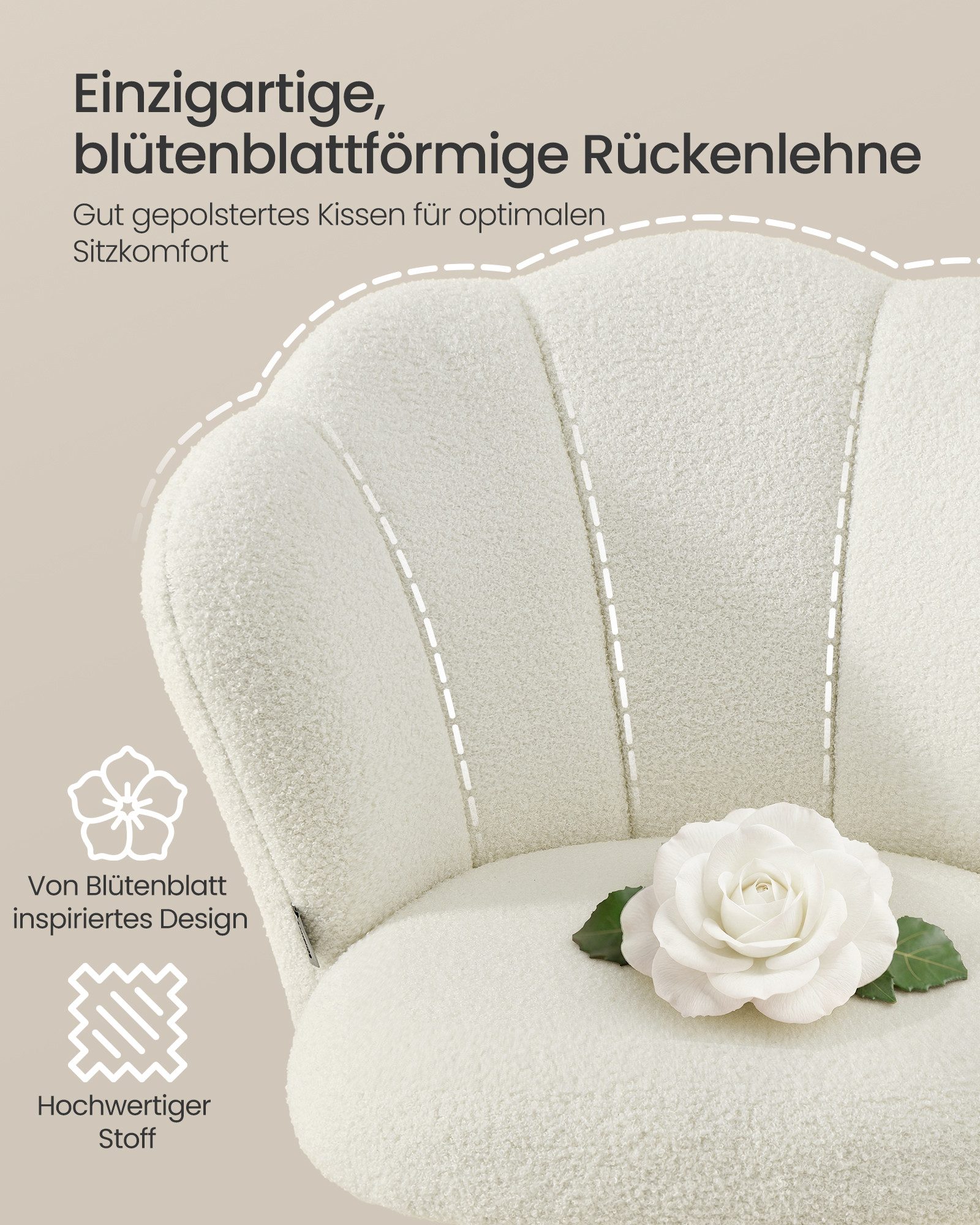 SONGMICS Bürostuhl Schminktischstuhl, für Wohnzimmer, Schlafzimmer, 64 x 64 x (79-89) cm, bis zu 110 kg belastbar, Blütenblatt-Rückenlehne, höhenverstellbar