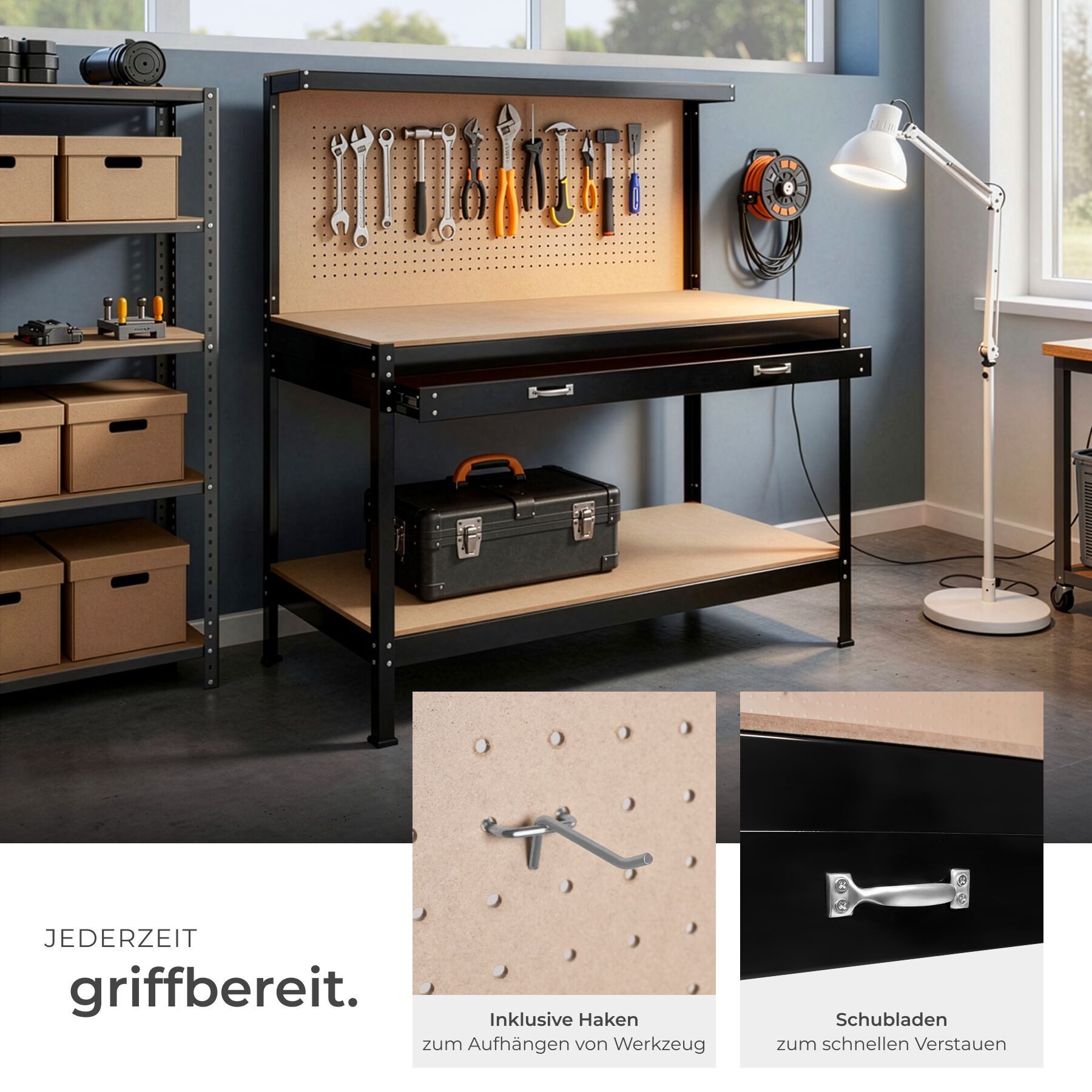 tectake Werkbank Werktisch mit Lochwand, große Schublade, 120 x 60 x 156 cm, (Werkzeugwand), 12 Haken, 2 Ablagen, Kunststoffkappen an den Füßen – Bild 4 von 5
