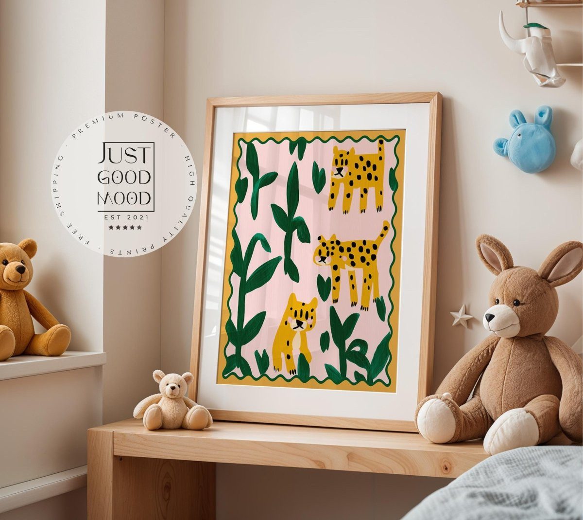 JUSTGOODMOOD Poster Kinderzimmer Leoparden Tierposter mit Dschungelpflanzen Bunte Safari W, (1 St)