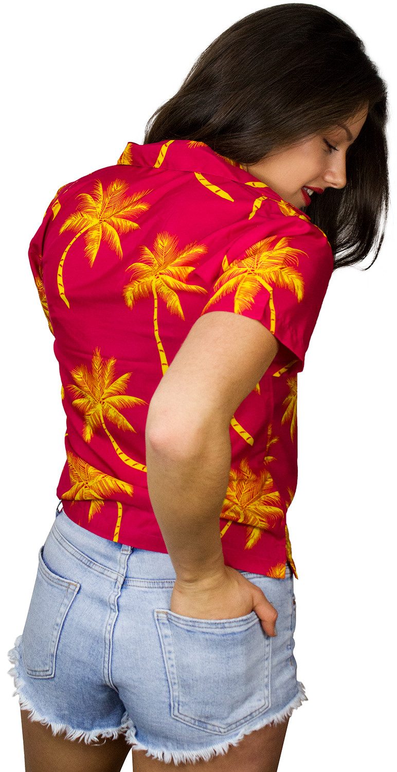 King Kameha Hawaiihemd Palmshadow Funky Hawaiibluse Damen Kurzarm Front-Tasche Stylish