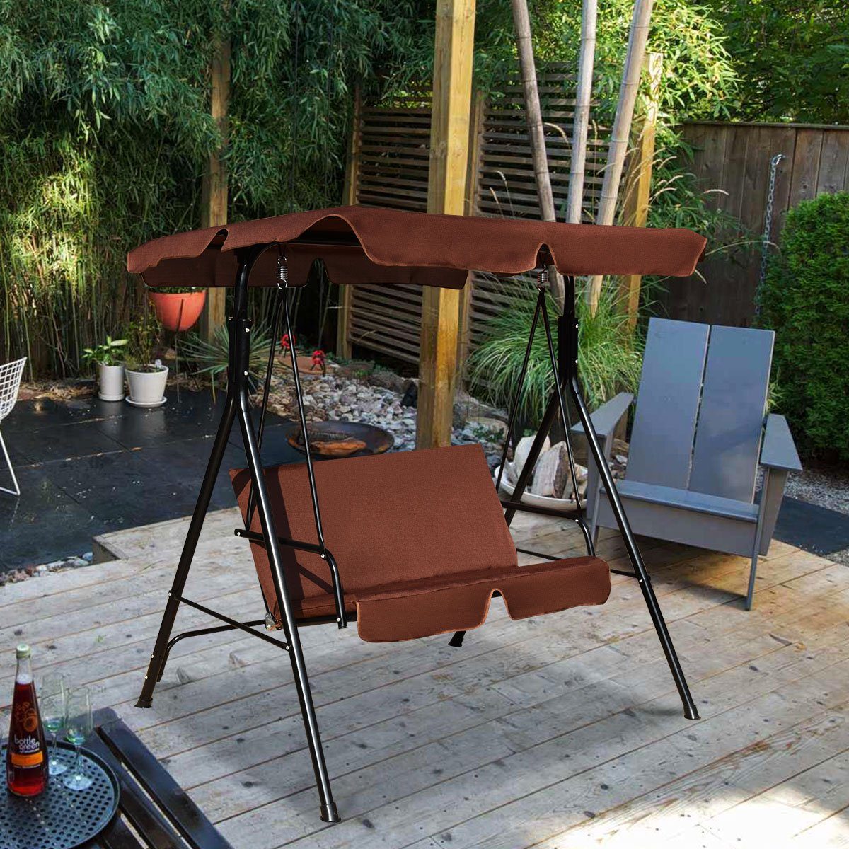 Gartenschaukel, 2-Sitzer Sonnendach, COSTWAY Hollywoodschaukel mit Gartenliege, Braun