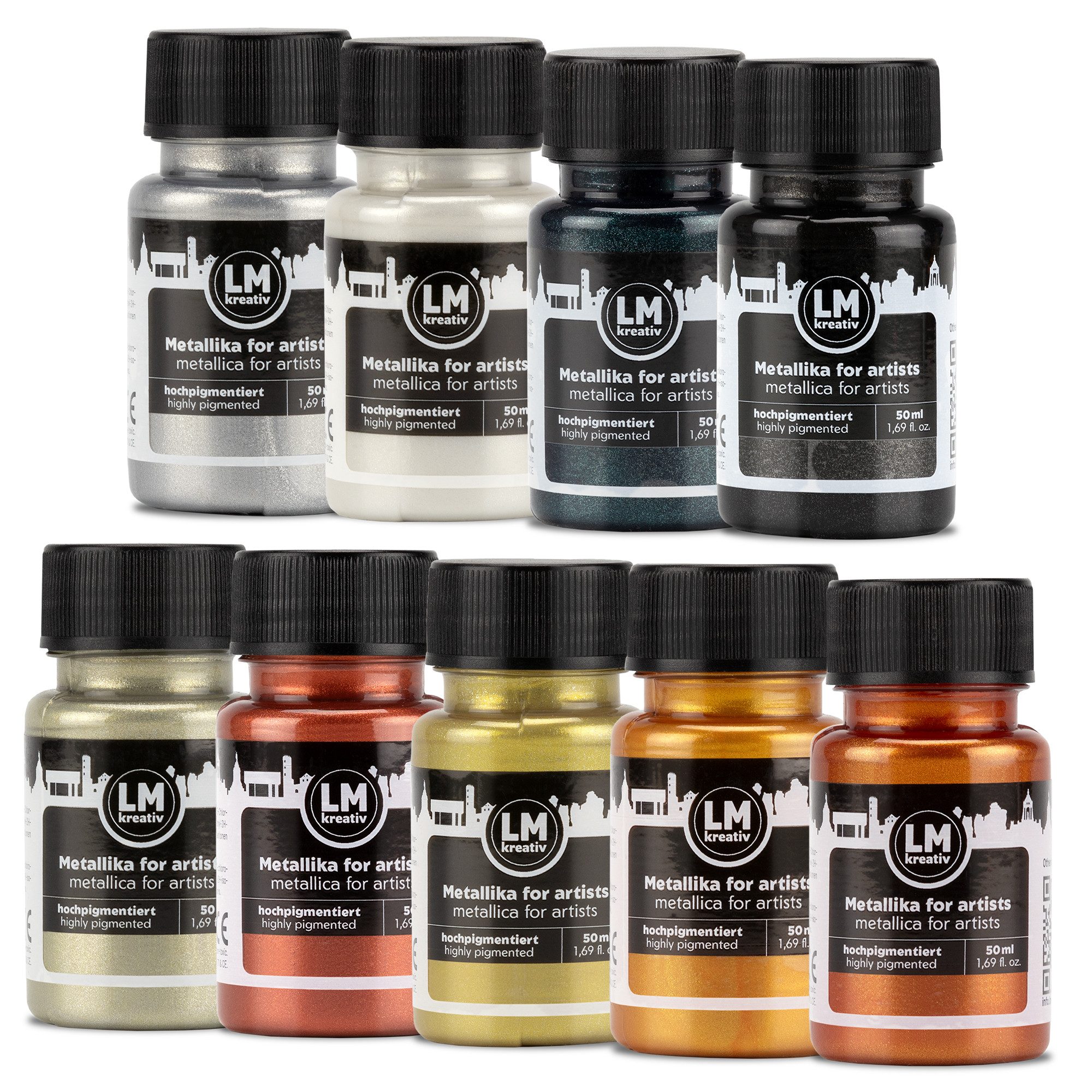 LM-Kreativ Bastelfarbe Metallic-Acrylfarben-Set für Holz, Leinwand, Keramik & Papier, Metallic-Acrylfarbe, wasserbasiert, lichtecht, wasserfest, Farbset