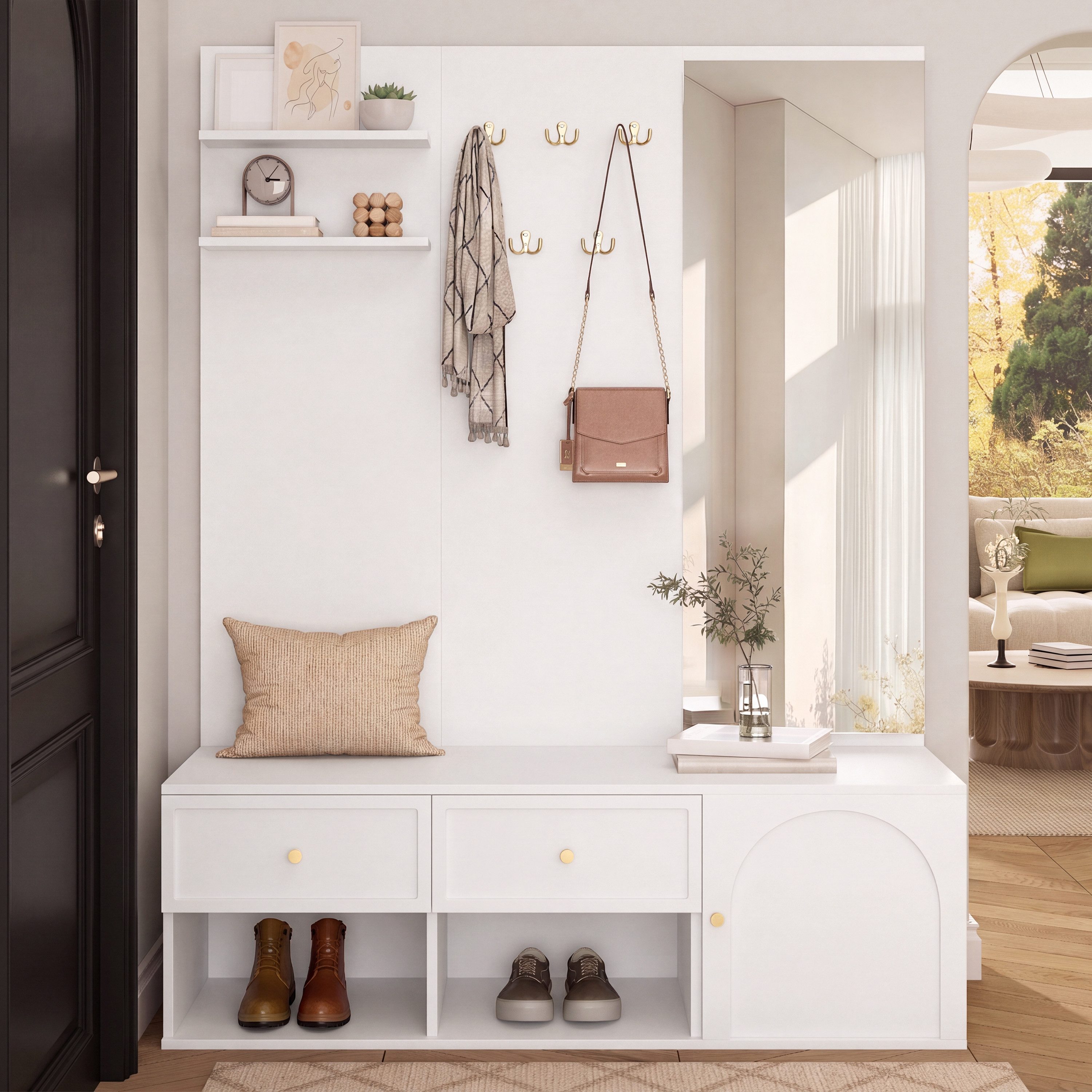 HAUSS SPOLE Garderoben-Set mit Schubladen,Wandgarderobe mit Regal,Spiegel und Haken,Weiß, (Multifunktionales Garderobenset mit Spiegel und Stauraum), Dielenmöbel Eingangsbereich-Garderobenkombination mit Ablagefächer