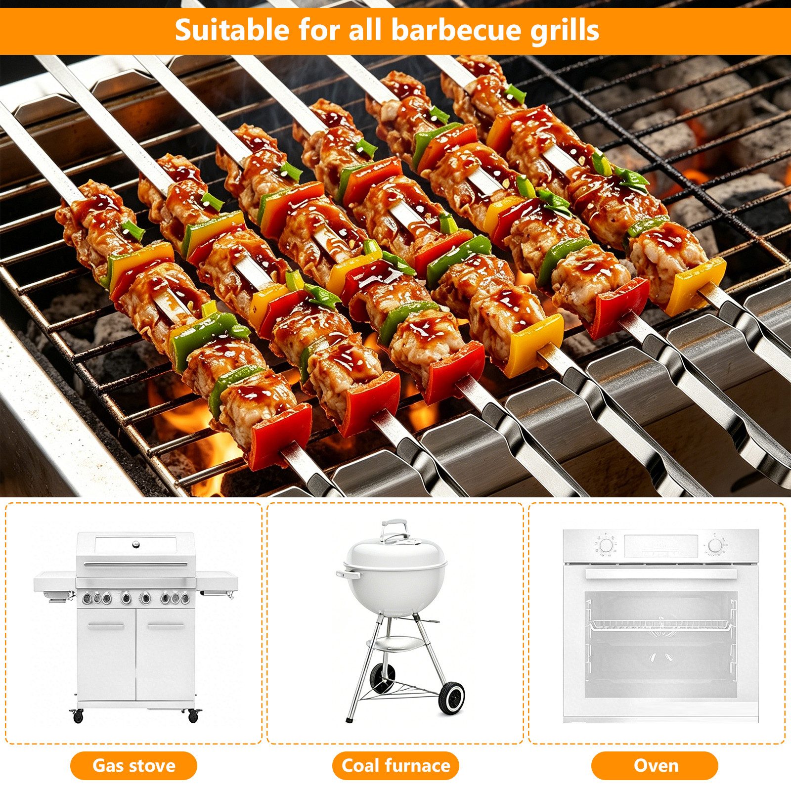 BlingBin Grillspieß Edelstahl Set, 6 Stück Schaschlikspieße mit Grillspießhalter (6er Set, 9-St., Maße der Grillspieße: 41,5 × 0,8 cm), 41,5cm Lange BBQ-Spieße für Fleisch Gemüse, Outdoor Barbecue