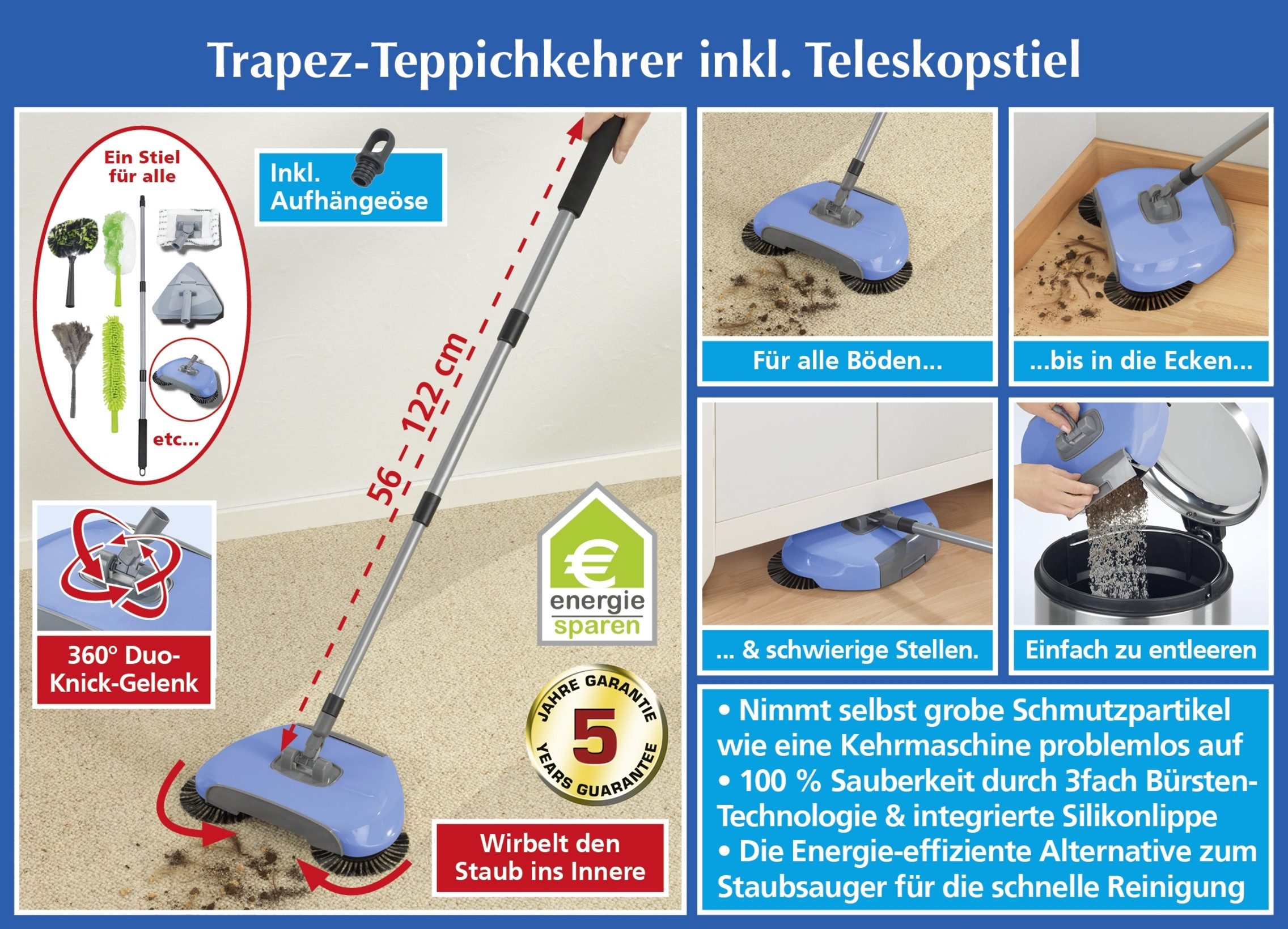 Maximex Teppichkehrer Trapez Teppichkehrer inklusive Teleskopstiel