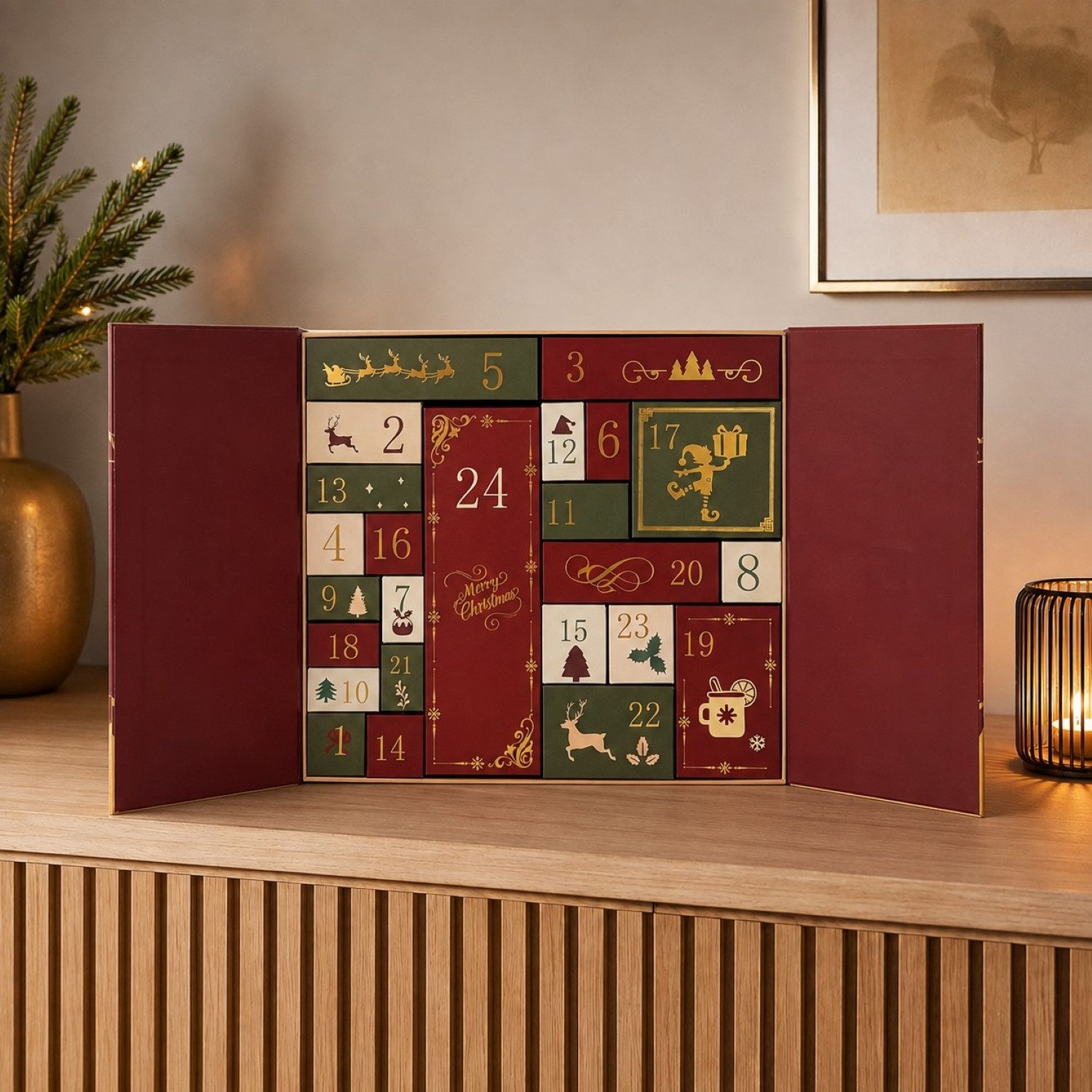 Online-Fuchs Adventskalender zum selbst befüllen im modernen Design - Weihnachtsdeko 2026 (für Frauen, Männer und Kinder geeignet), 24 liebevoll gestaltete Päckchen in unterschiedlichen Größen