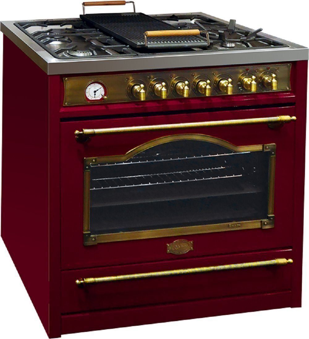 Kaiser Küchengeräte Gas-Standherd Retro Gasherd 90 cm mit Elektrobackofen 115 L, Drehspieß, Heißluftsystem, Infrarotgrill HGE 93555 RotEm., mit 1-fach-Teleskopauszug, Katalytische Selbstreinigung, Herd Freistehend, Range Coocker, Wokbrenner 4,5 kW, Erdgas\Propangas