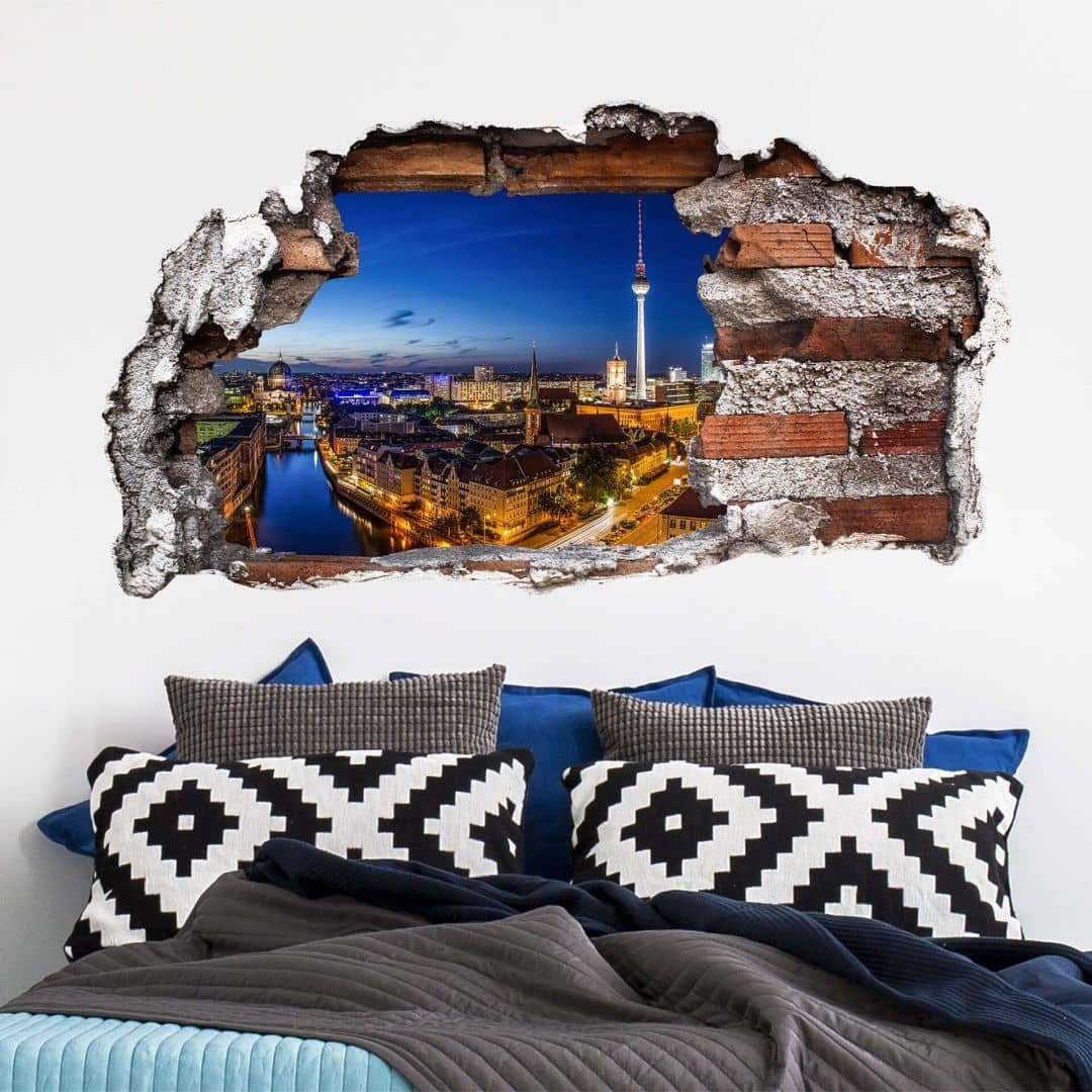 K&L Wall Art Wandtattoo Stadt und Skyline Mauerdurchbruch 3D Wandsticker selbstklebend (Klebebilder für Wohnzimmer und Flur, lokal hergestellt in Berlin), selbstklebende Wandbilder von beliebten Städten und Landschaften