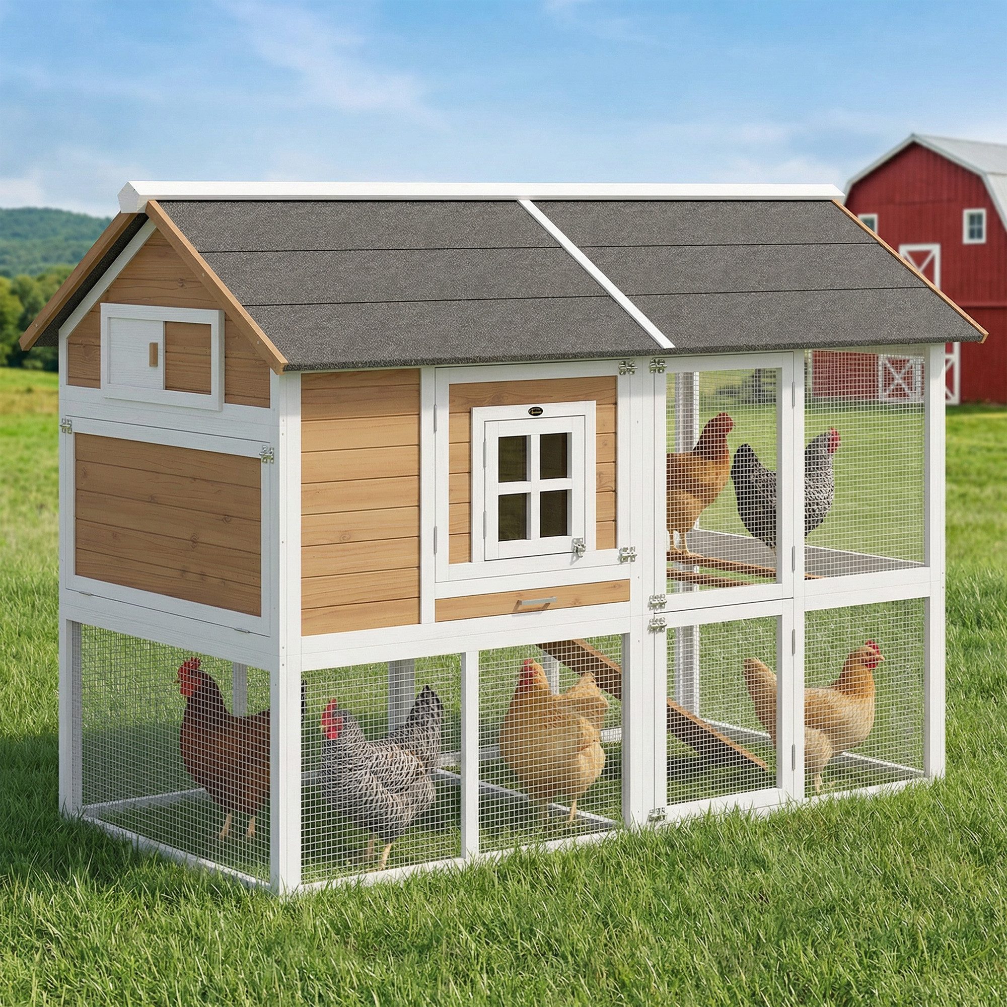 PawHut Hühnerstall Hühnerhaus mit Auslauf Nistkasten herausziehbarem Tablett Asphaltdach, aus Holz für 4 Hühner 200 x 104 x 145 cm Braun