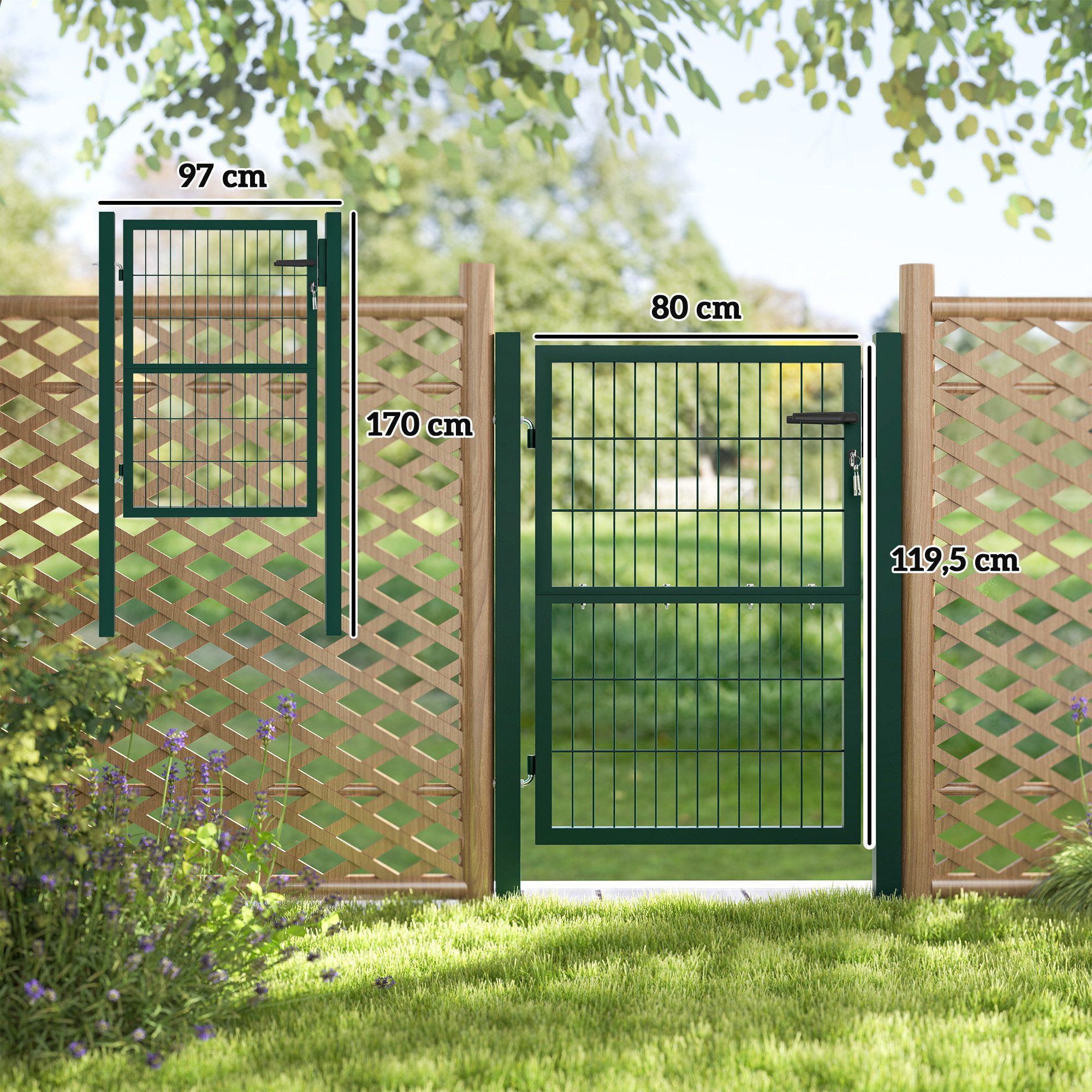 Outsunny Gartentor mit Griff, Schloss, 3 Schlüssel, abschließbar, 97x170cm, (Zauntor aus Stahl, Gartentür), Zauntür für Begrenzungszaun, Grün
