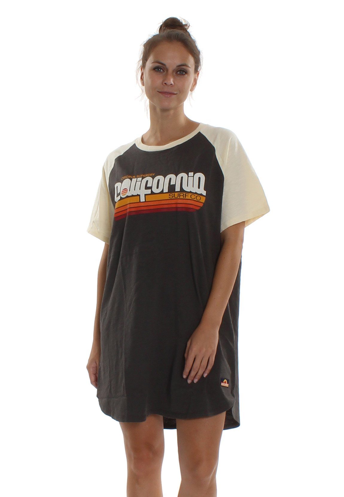 Superdry Oversize-Shirt Superdry Damen Shirt Kleid CALI SURF RAGLAN TSHIRT  DRESS Vintage Black Mehrfarbig