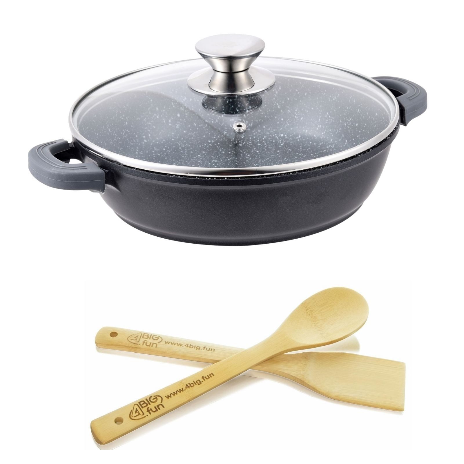 BIG-PAN Schmorpfanne Bräter Ø28 cm Glasdeckel Aluguss Servierpfanne Induktion Zubehör, Alumimium