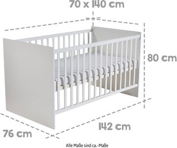 roba® Babymöbel-Set Maren, (Set, Babybett 70x140 cm, Wickelkommode & Kleiderschrank 3-türig), schmale Wickelkommode - Gitterbett: umbaubar, höhenverstellbar