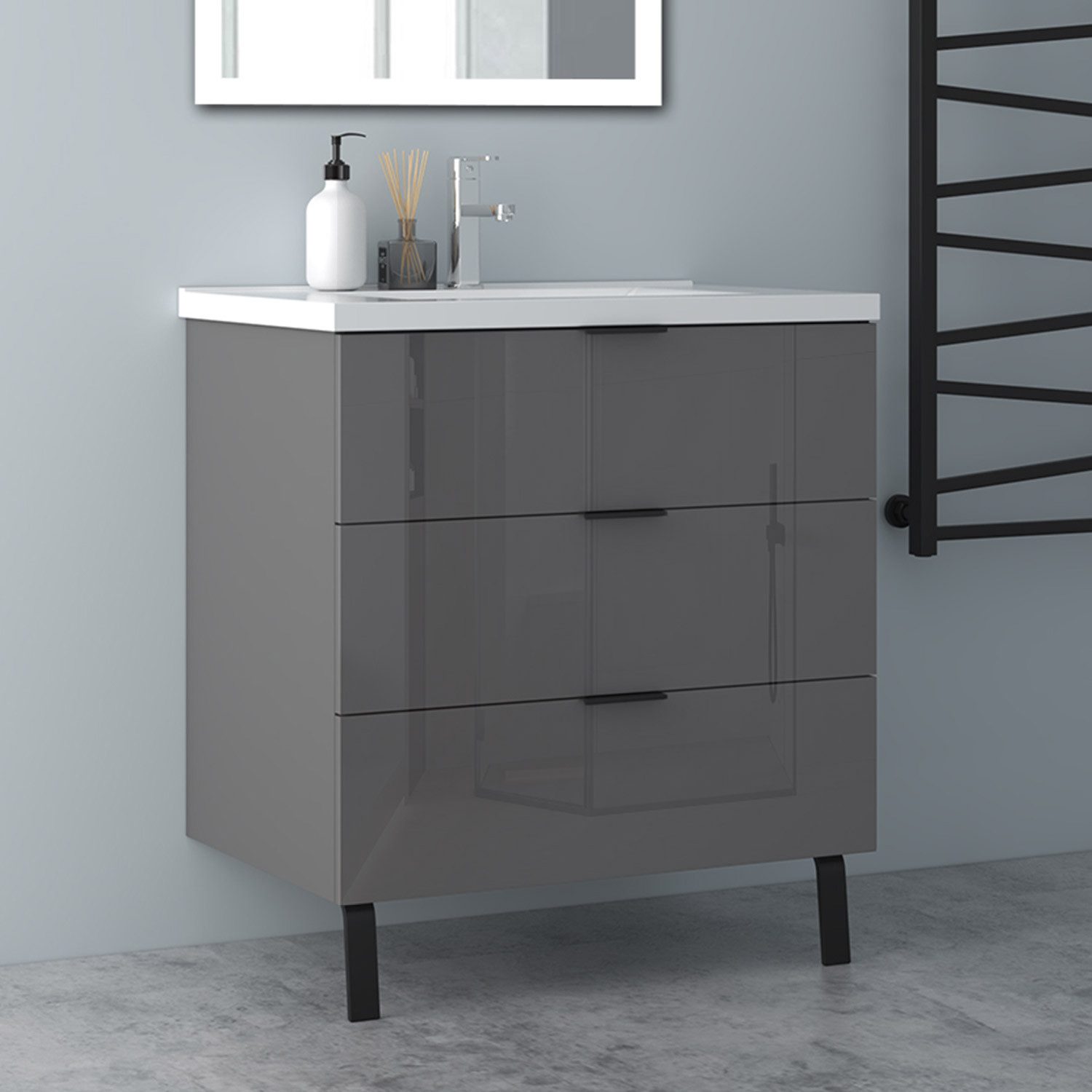 Aica Sanitär Waschtisch Badezimmerschrank Waschbecken mit Unterschrank Badmöbel Badschrank (Hängeschrank, mit Schrankfüße), 3 Schubladen mit Soft-Close Funktion, Waschbecken mit überlauf