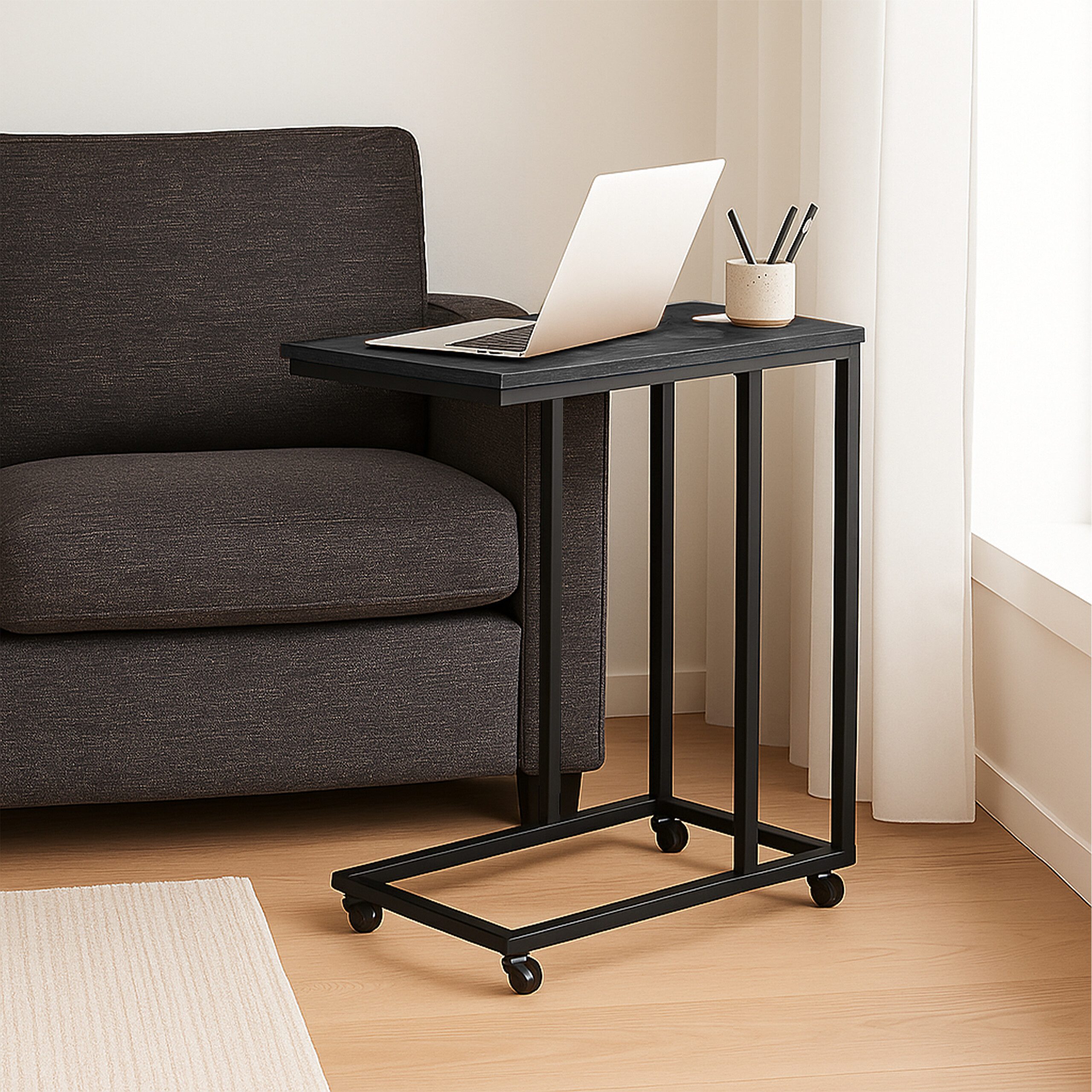 relaxdays Beistelltisch in C Form mit Rolle, schwarz günstig online kaufen