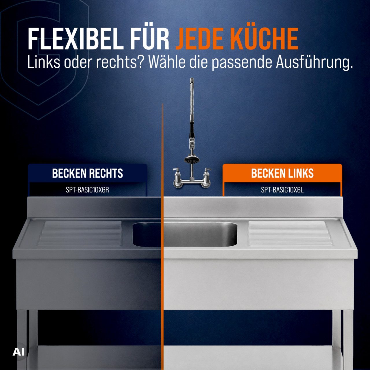 GastroHero Arbeitstisch Spültisch 100x60 cm - Edelstahl mit Becken - Gastro - Spüle, AISI201-Edelstahl, Grundboden, nach Hygienerichtlinien produziert – Bild 4 von 5